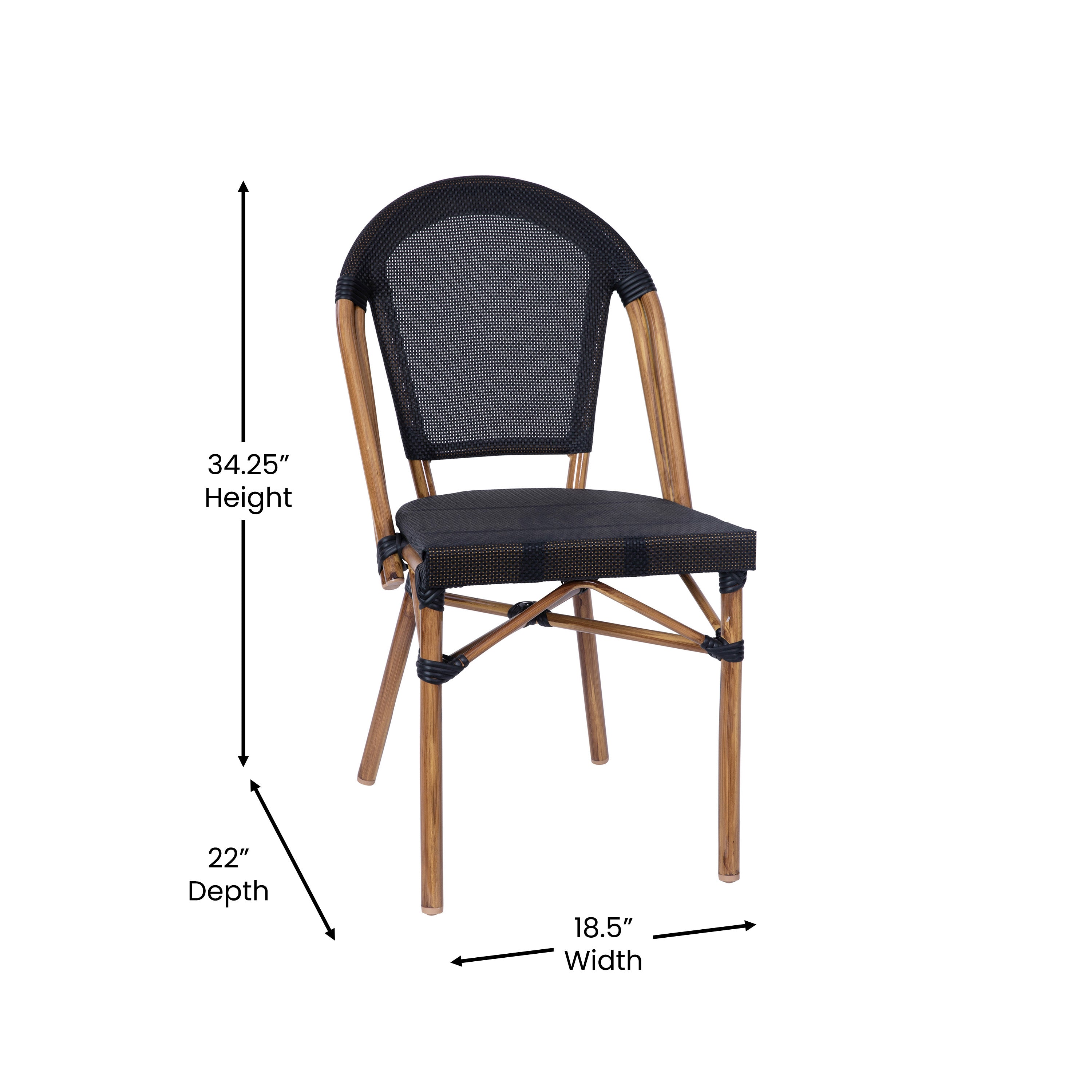 Marseille Indoor/Outdoor Commercial Bistro 31.5" Table, Black Textilene, Glass Top with 2 Stack Chairs - Natural Frame