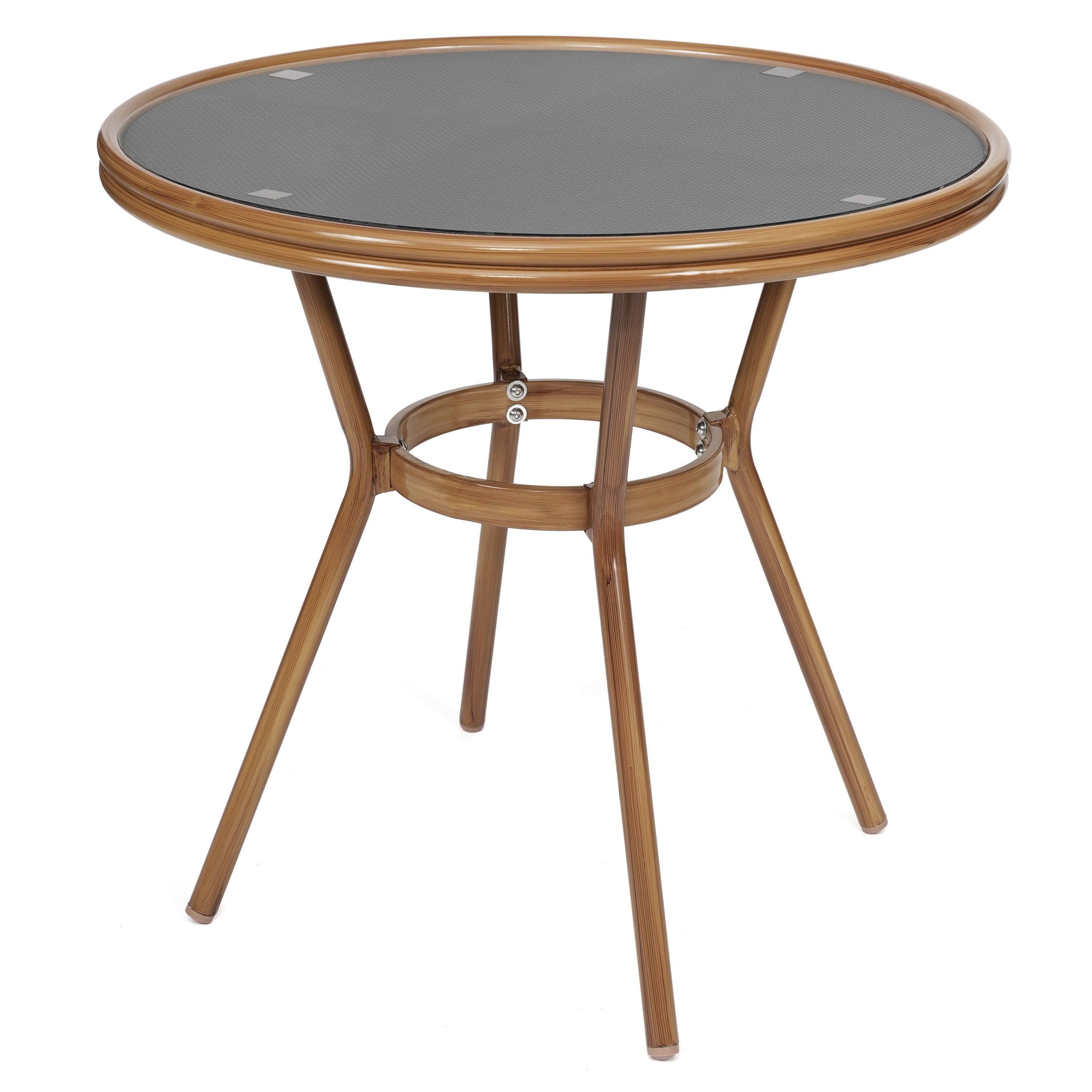 Marseille Indoor/Outdoor Commercial Bistro 31.5" Table, Black Textilene, Glass Top with 2 Stack Chairs - Natural Frame