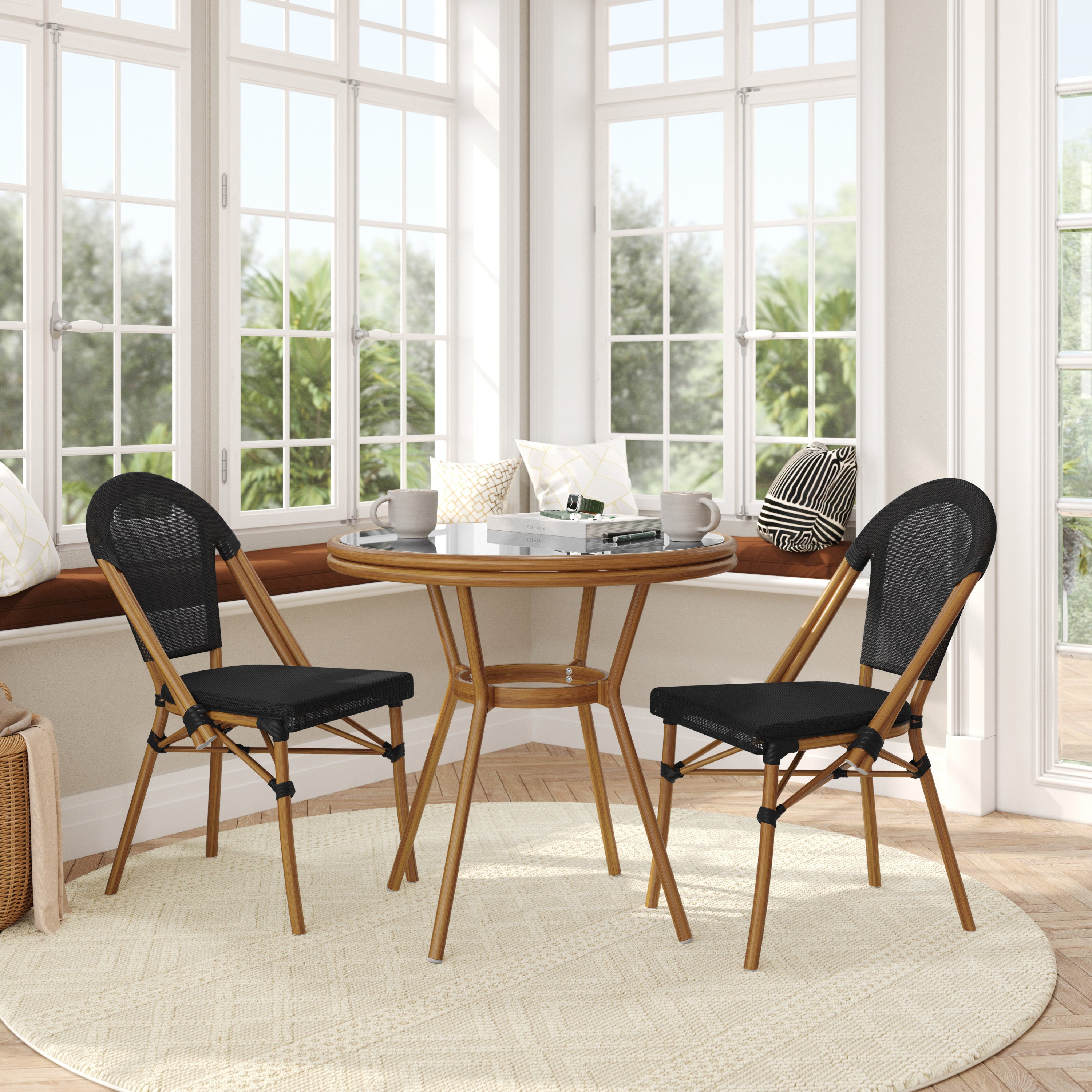 Marseille Indoor/Outdoor Commercial Bistro 31.5" Table, Black Textilene, Glass Top with 2 Stack Chairs - Natural Frame