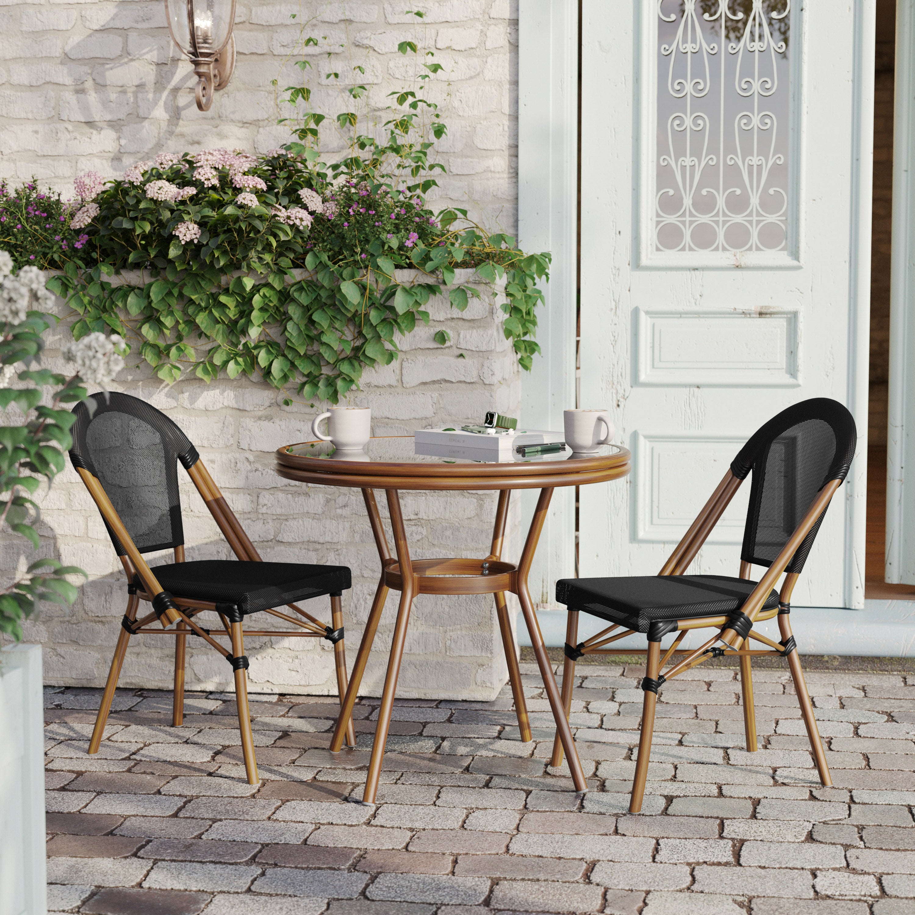 Marseille Indoor/Outdoor Commercial Bistro 31.5" Table, Black Textilene, Glass Top with 2 Stack Chairs - Natural Frame