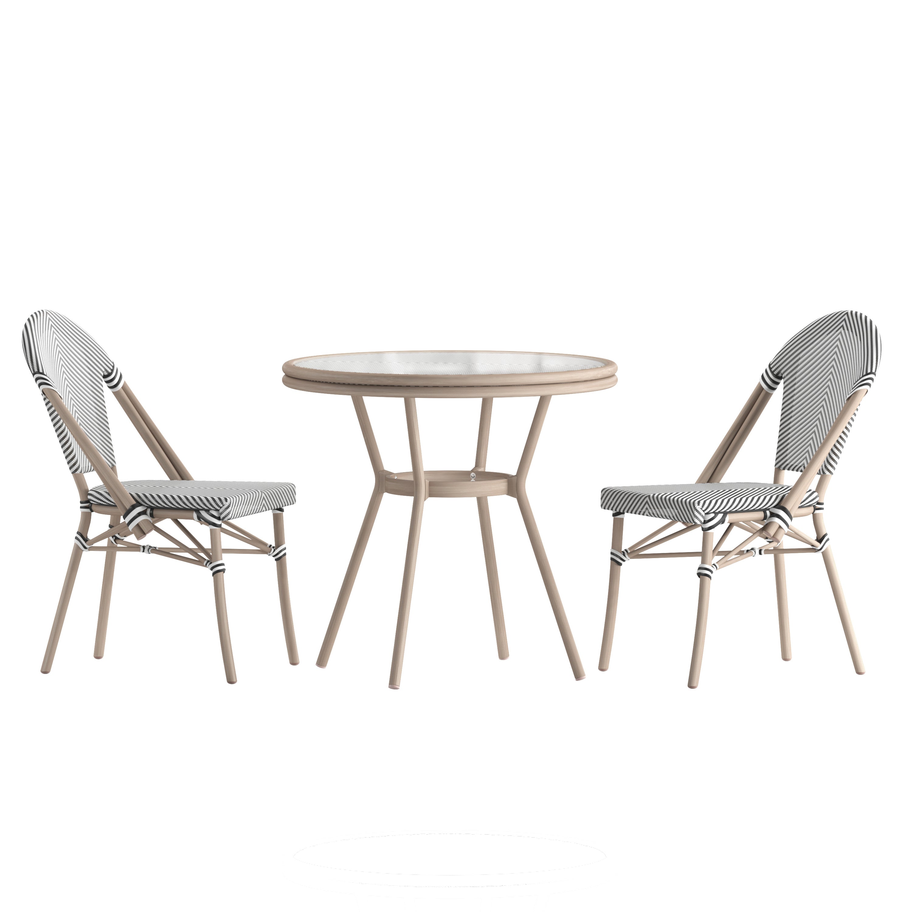 Marseille Indoor/Outdoor Commercial Bistro 31.5" Table, Black/White Textilene, Glass Top with 2 Stack Chairs - Light Natural