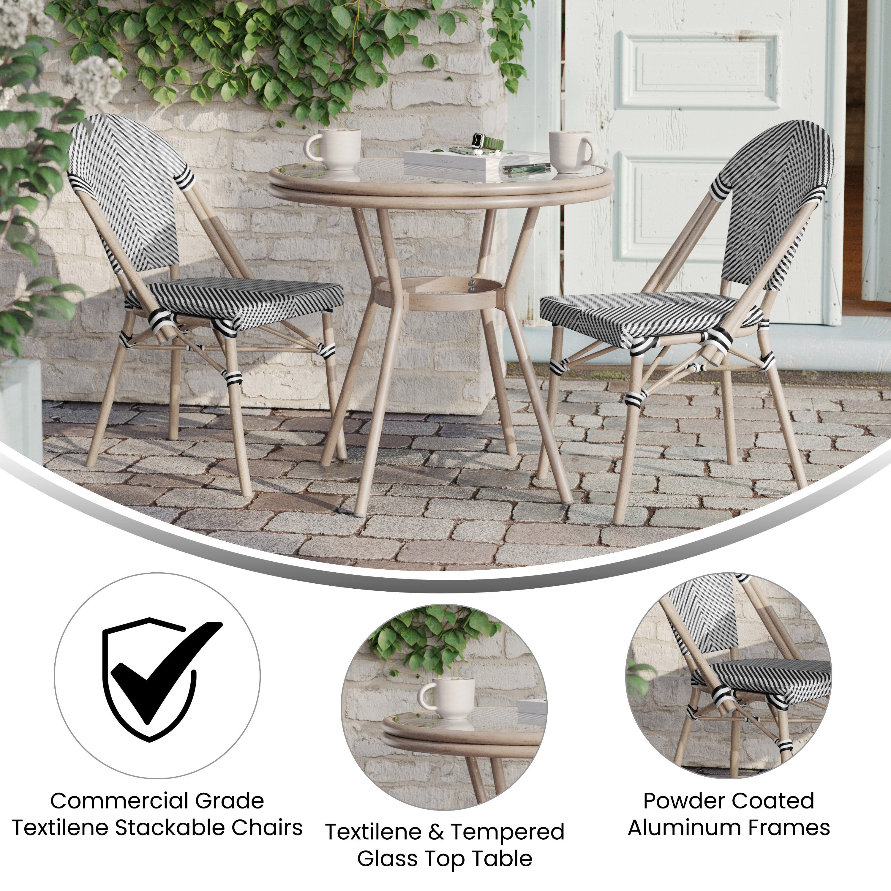 Marseille Indoor/Outdoor Commercial Bistro 31.5" Table, Black/White Textilene, Glass Top with 2 Stack Chairs - Light Natural