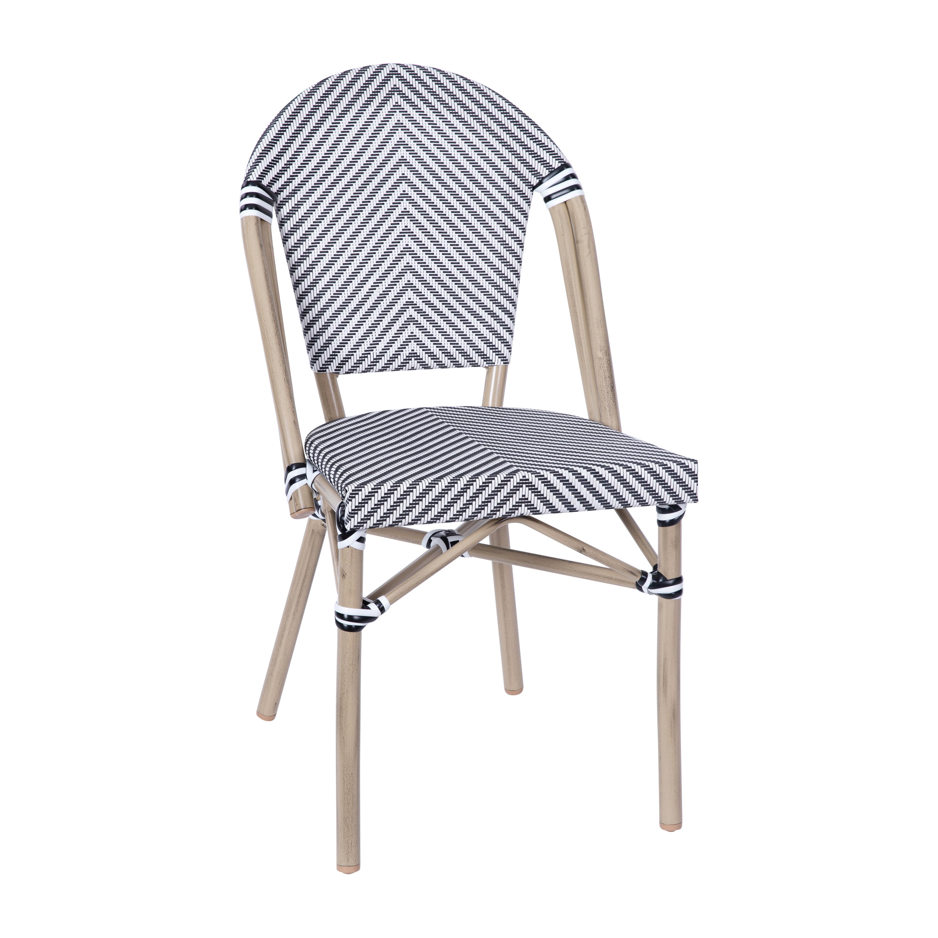 Marseille Indoor/Outdoor Commercial Bistro 31.5" Table, Black/White Textilene, Glass Top with 2 Stack Chairs - Light Natural