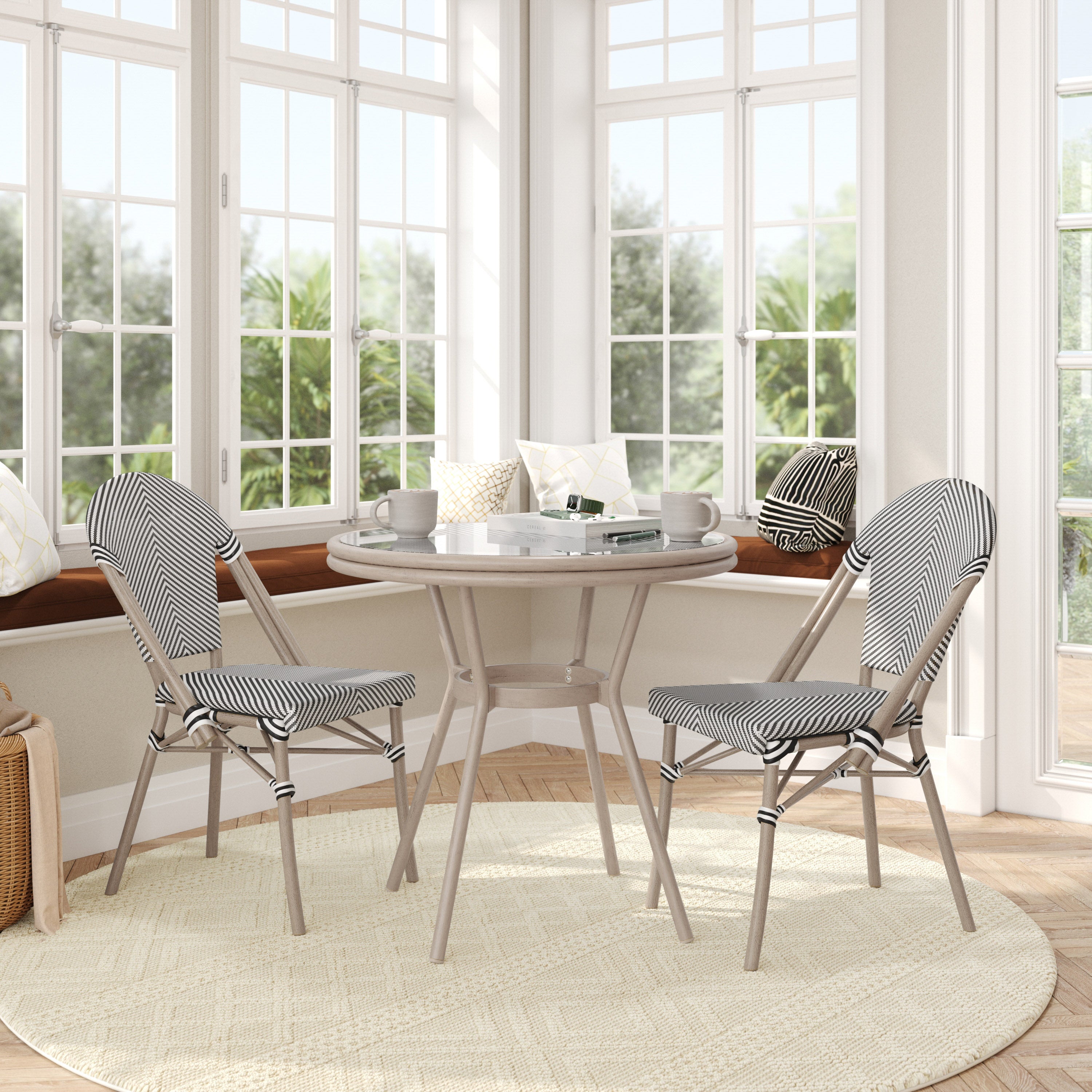 Marseille Indoor/Outdoor Commercial Bistro 31.5" Table, Black/White Textilene, Glass Top with 2 Stack Chairs - Light Natural