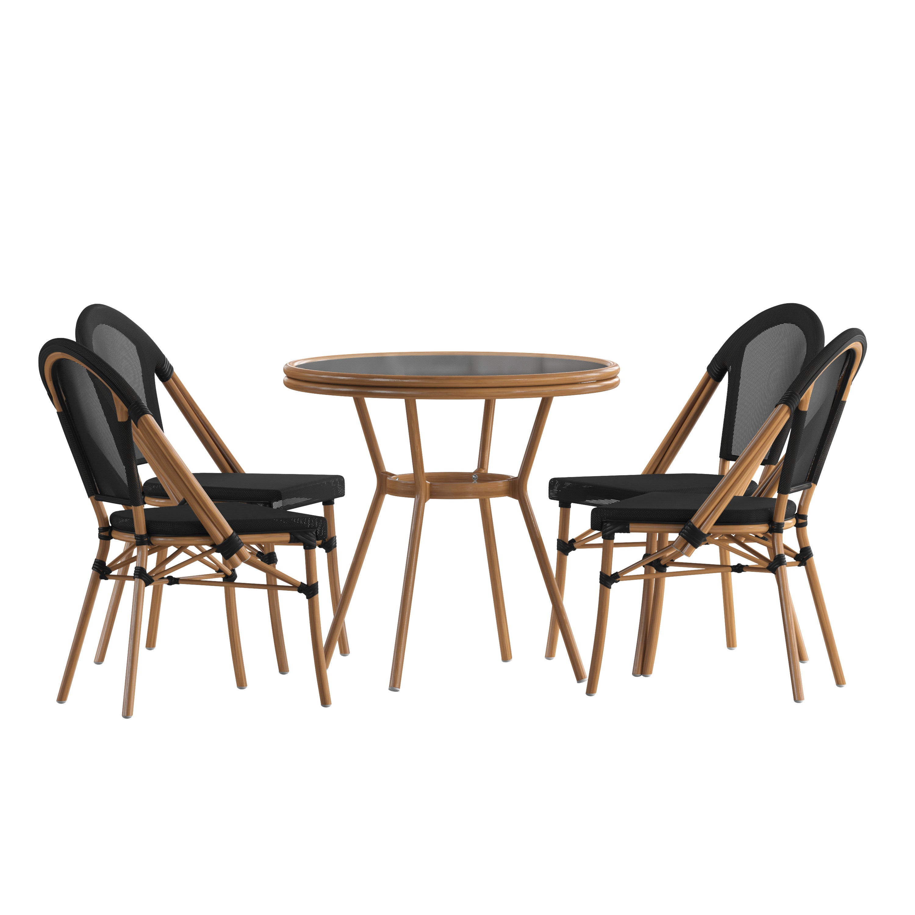 Marseille Indoor/Outdoor Commercial Bistro 31.5" Table, Black Textilene, Glass Top with 4 Stack Chairs - Natural Frame