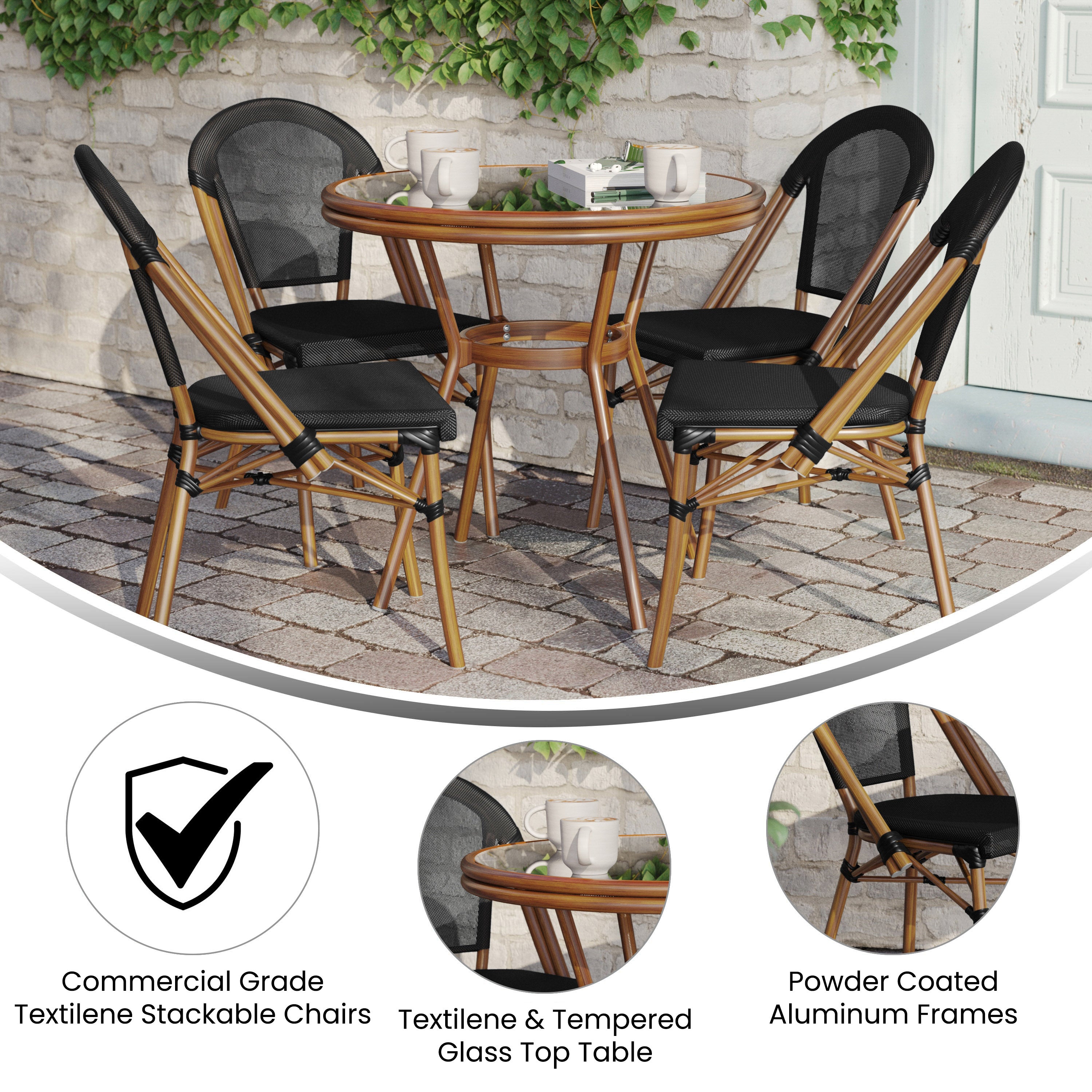 Marseille Indoor/Outdoor Commercial Bistro 31.5" Table, Black Textilene, Glass Top with 4 Stack Chairs - Natural Frame
