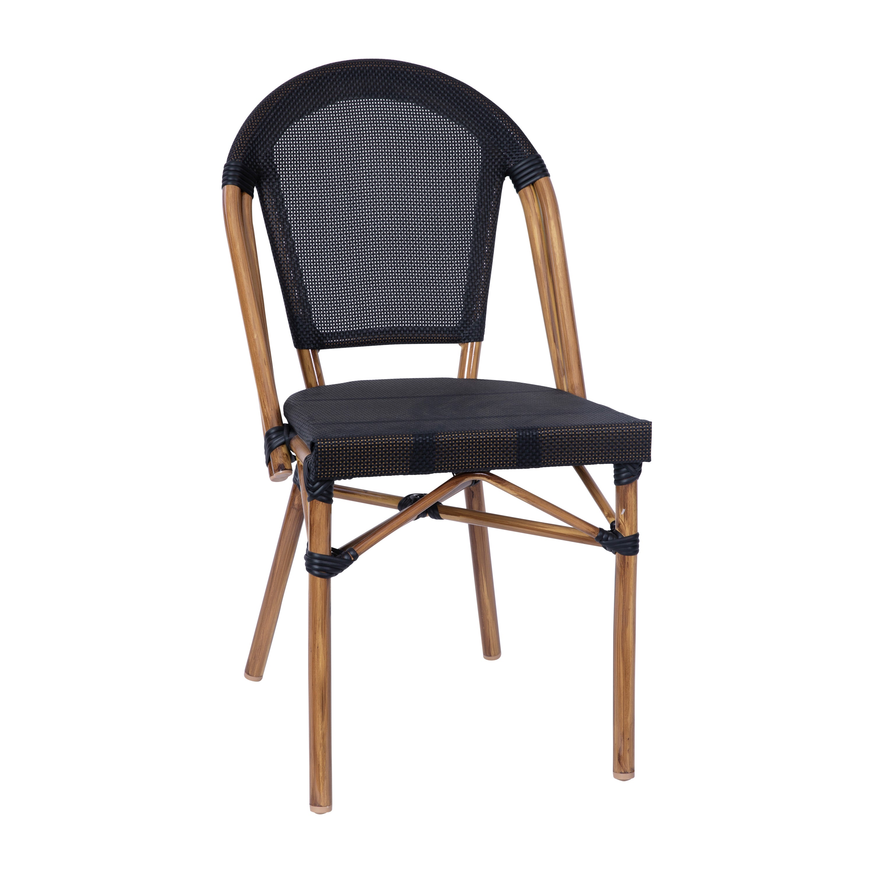 Marseille Indoor/Outdoor Commercial Bistro 31.5" Table, Black Textilene, Glass Top with 4 Stack Chairs - Natural Frame