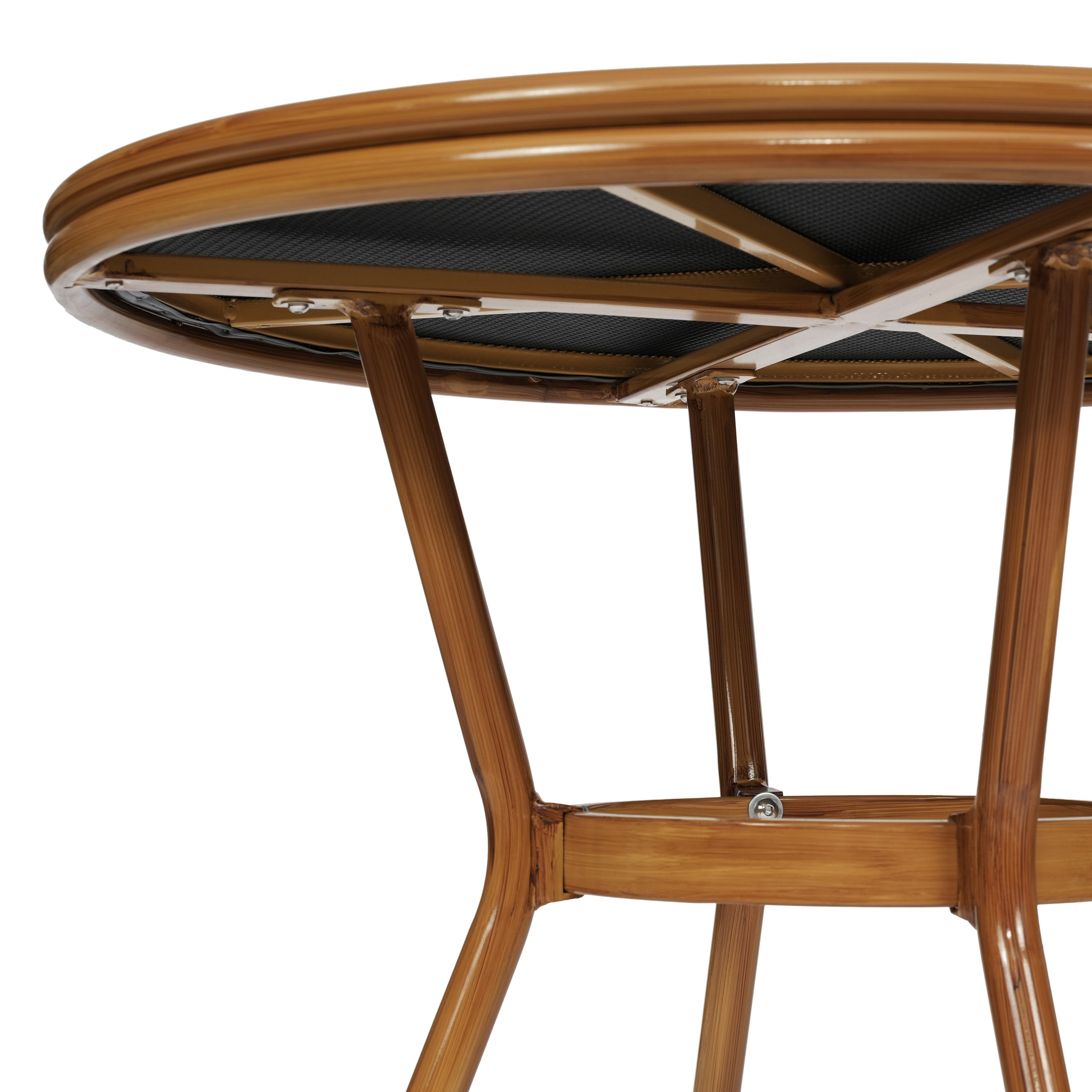 Marseille Indoor/Outdoor Commercial Bistro 31.5" Table, Black Textilene, Glass Top with 4 Stack Chairs - Natural Frame