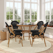 Marseille Indoor/Outdoor Commercial Bistro 31.5" Table, Black Textilene, Glass Top with 4 Stack Chairs - Natural Frame