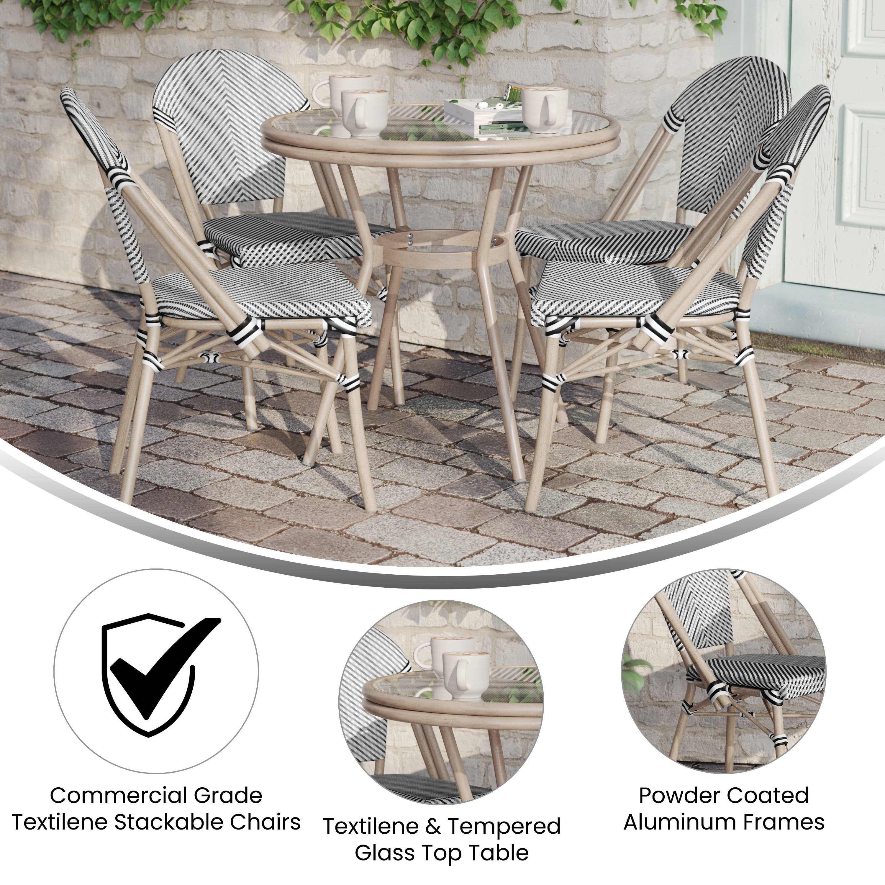 Marseille Indoor/Outdoor Commercial Bistro 31.5" Table, Black/White Textilene, Glass Top with 4 Stack Chairs - Light Natural