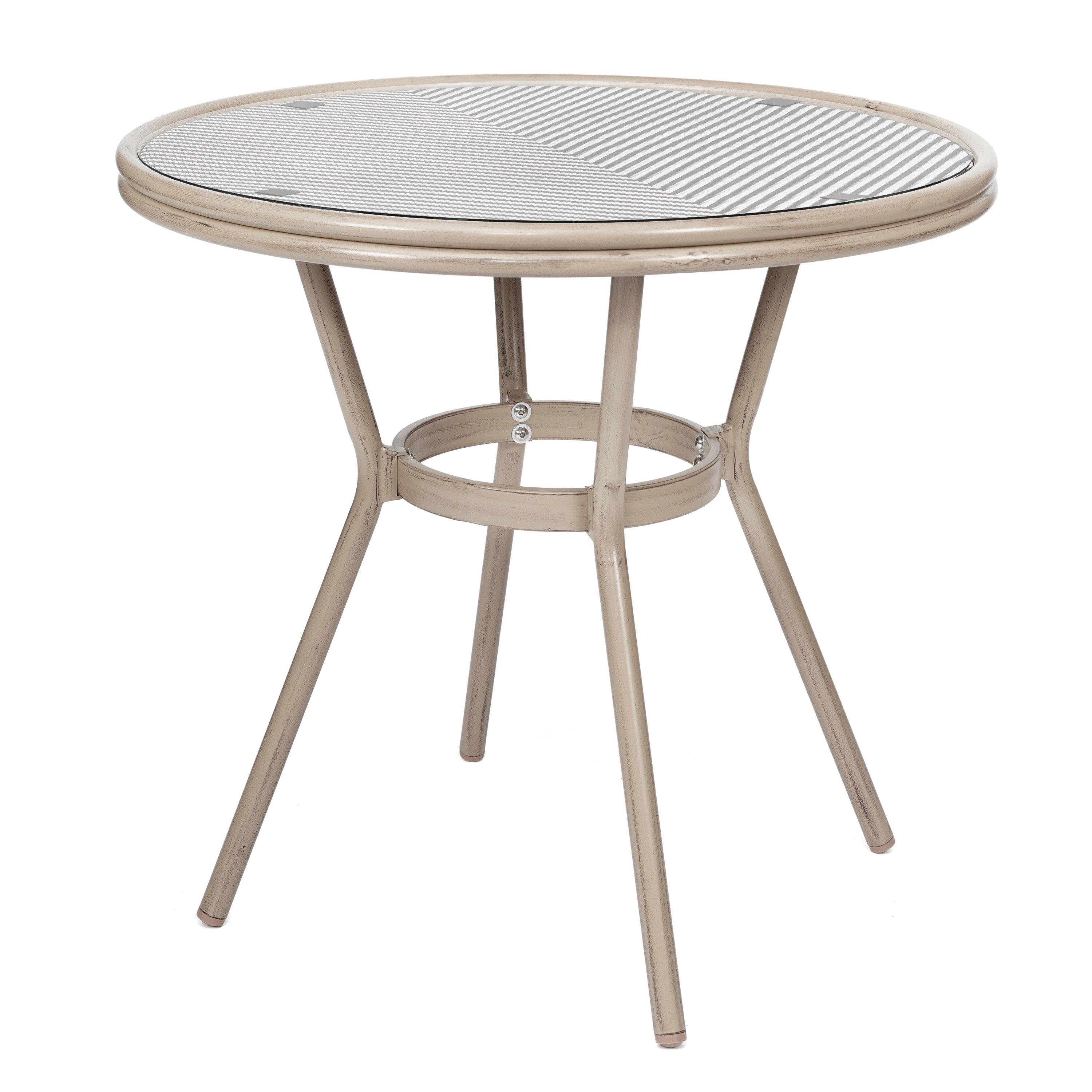Marseille Indoor/Outdoor Commercial Bistro 31.5" Table, Black/White Textilene, Glass Top with 4 Stack Chairs - Light Natural