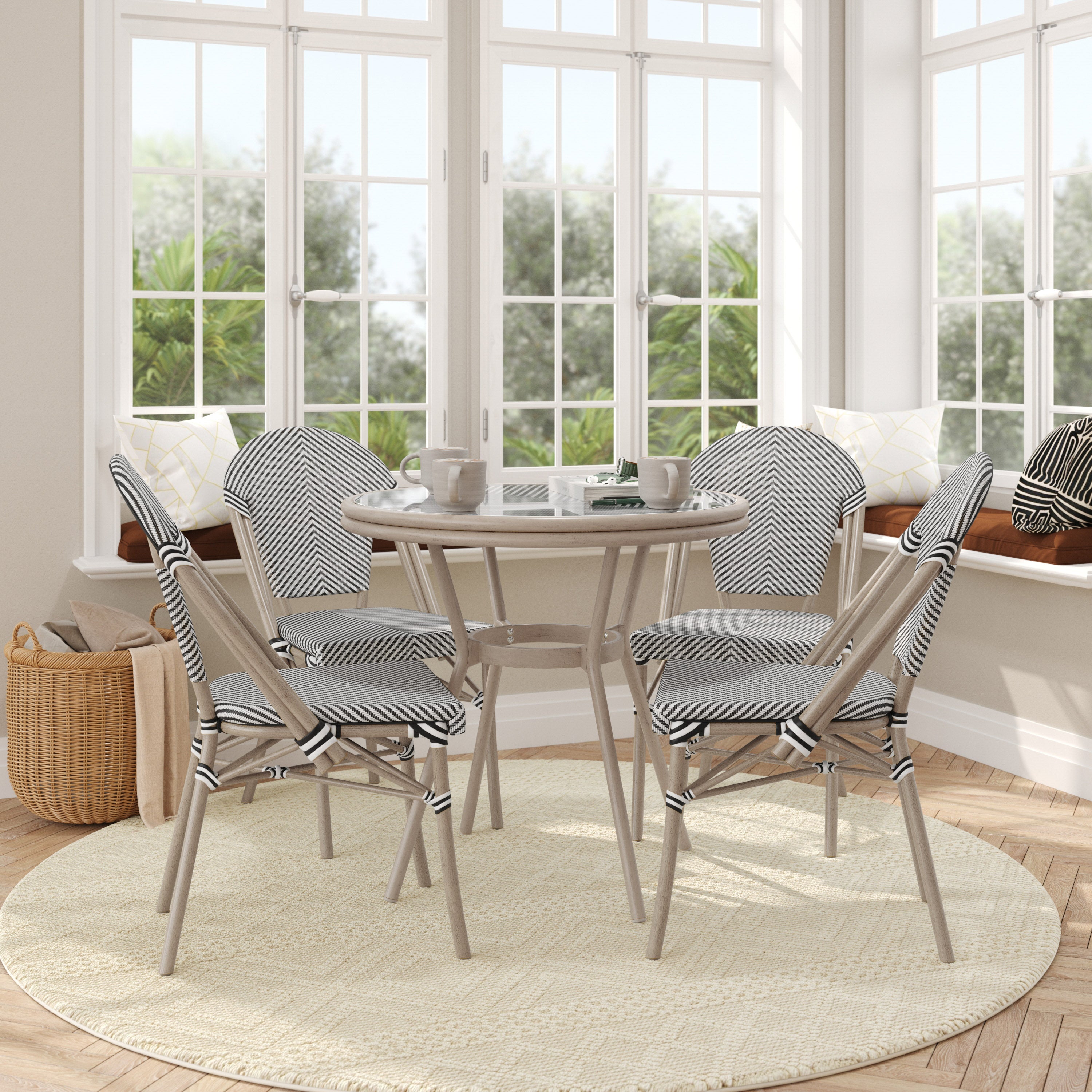 Marseille Indoor/Outdoor Commercial Bistro 31.5" Table, Black/White Textilene, Glass Top with 4 Stack Chairs - Light Natural