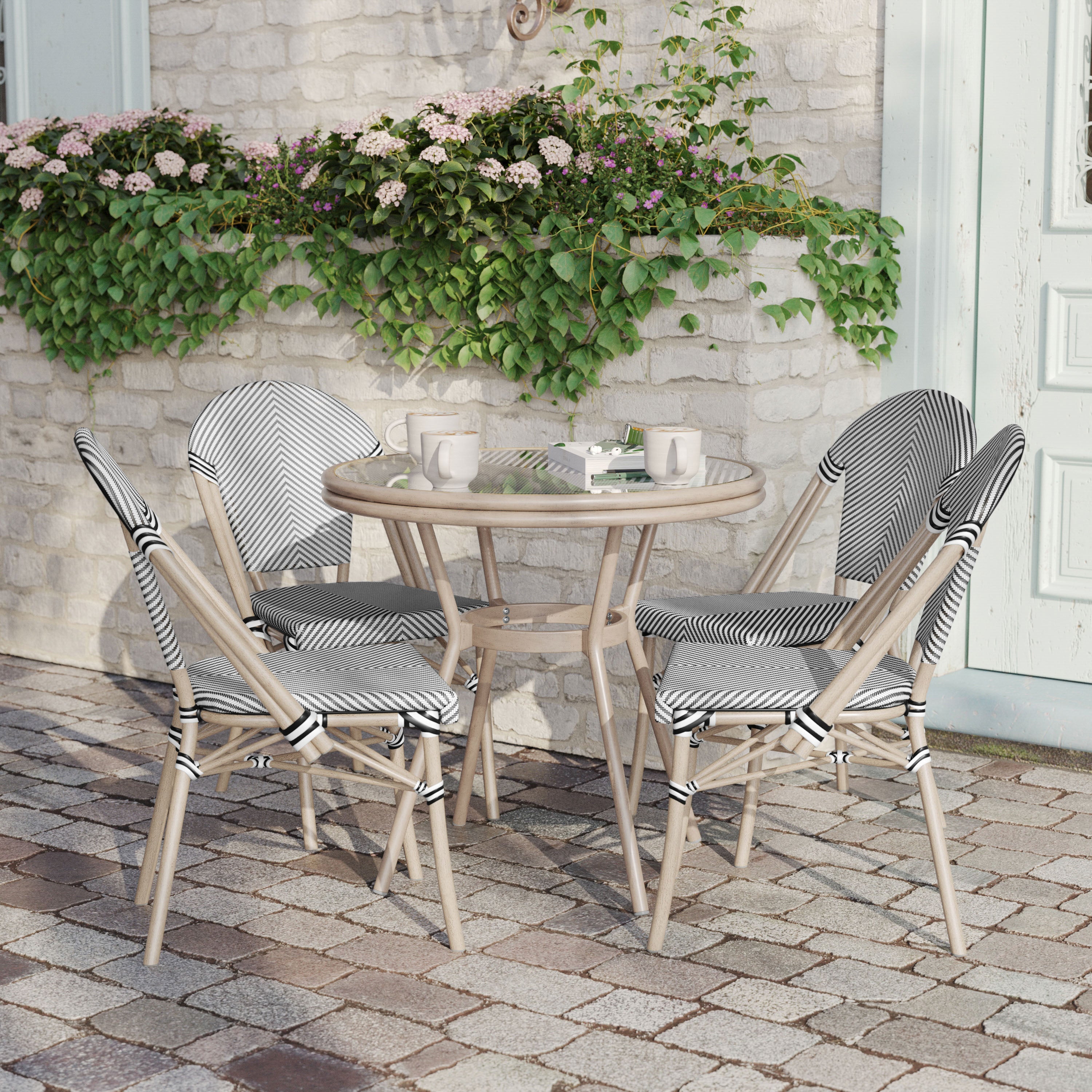 Marseille Indoor/Outdoor Commercial Bistro 31.5" Table, Black/White Textilene, Glass Top with 4 Stack Chairs - Light Natural