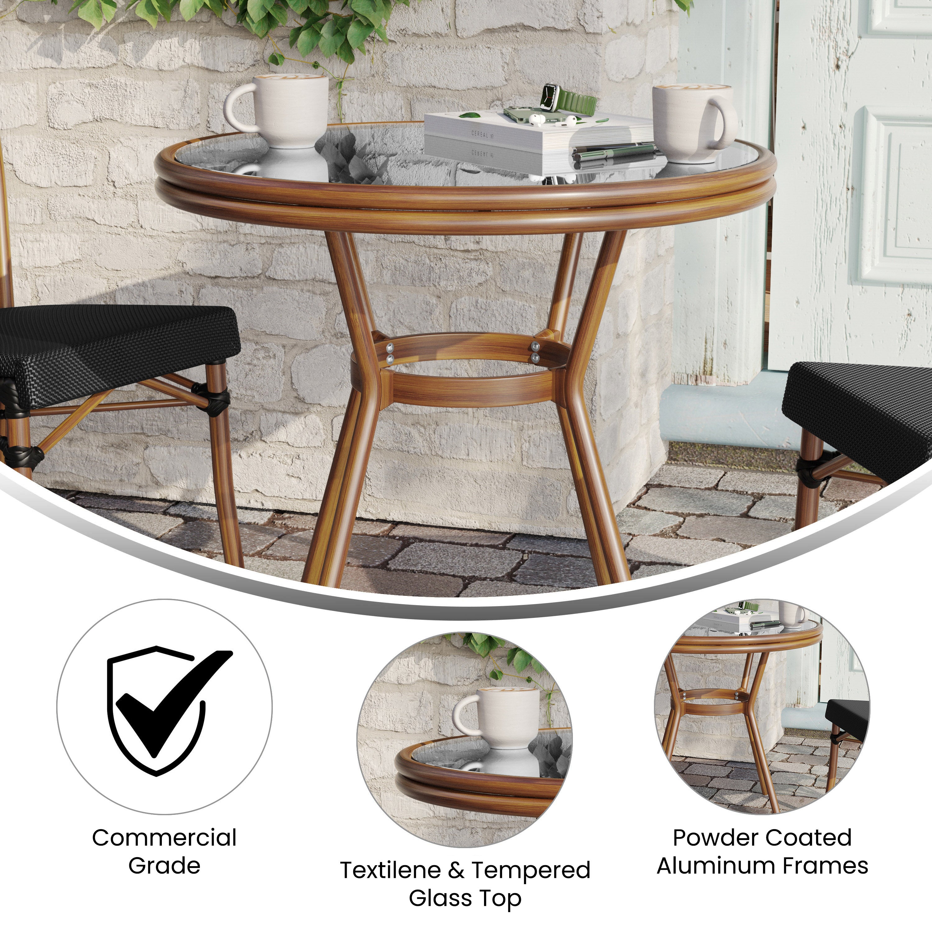 Marseille Indoor/Outdoor Commercial Bistro 31.5" Table, Black Textilene, Glass Top, Bamboo Print Aluminum Frame in Natural