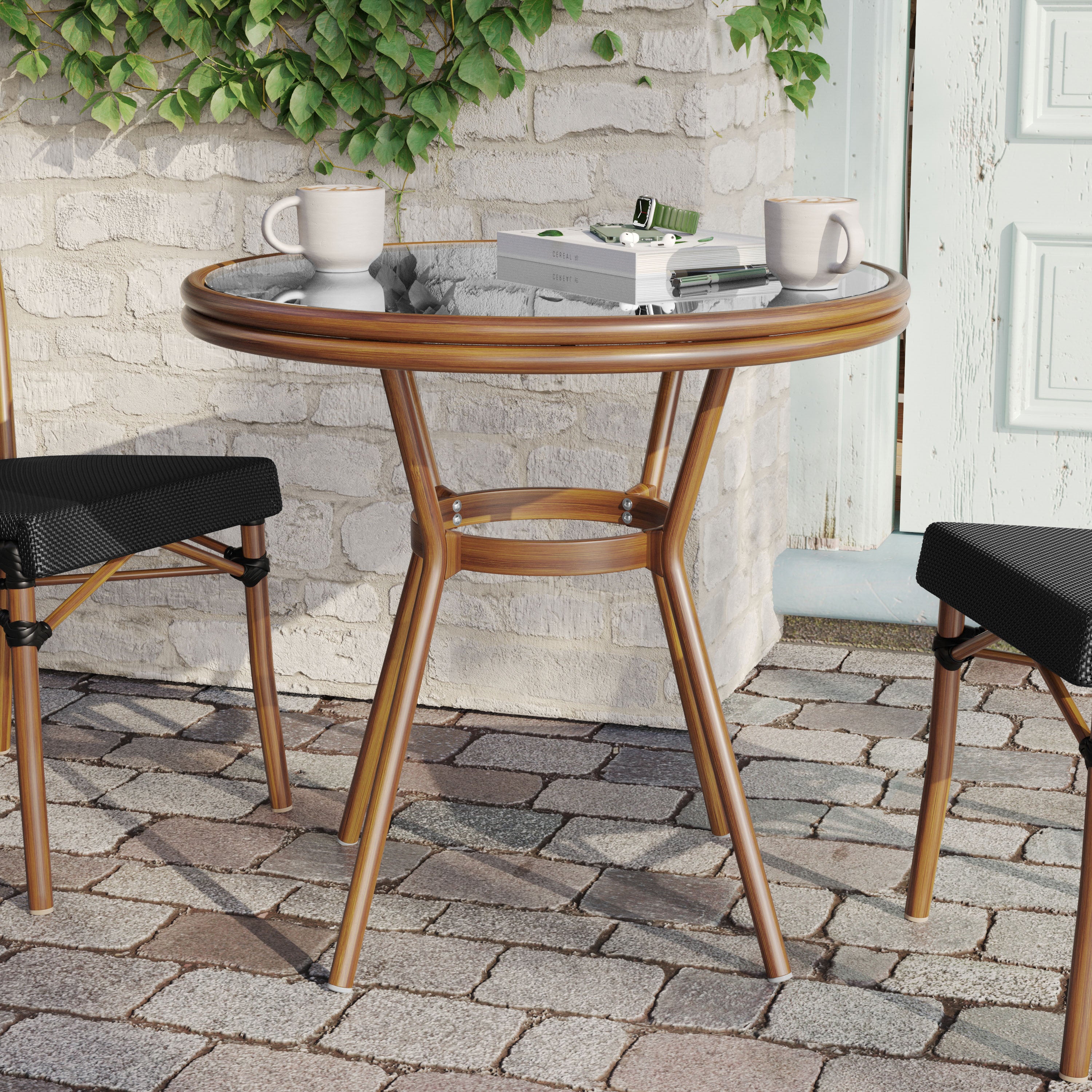 Marseille Indoor/Outdoor Commercial Bistro 31.5" Table, Black Textilene, Glass Top, Bamboo Print Aluminum Frame in Natural
