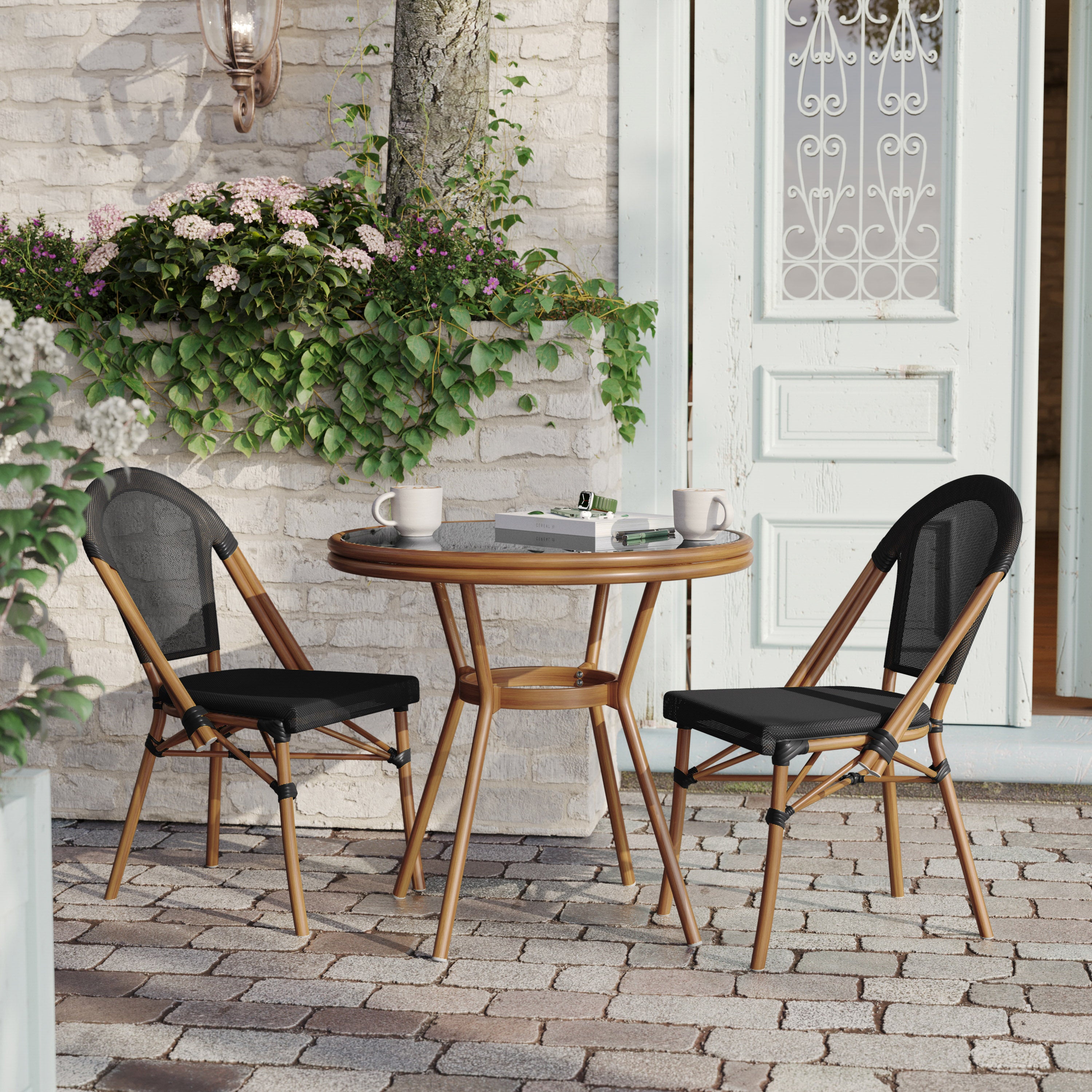 Marseille Indoor/Outdoor Commercial Bistro 31.5" Table, Black Textilene, Glass Top, Bamboo Print Aluminum Frame in Natural