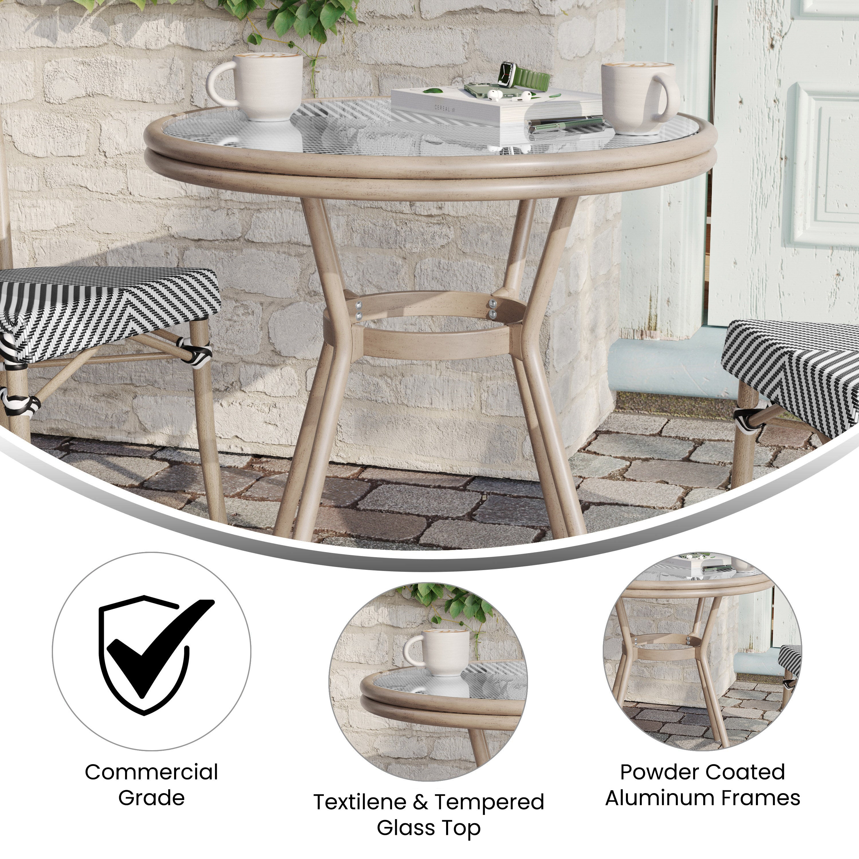 Marseille Indoor/Outdoor Commercial Bistro 31.5" Table, Black/White Textilene, Glass Top, Bamboo Print Aluminum Frame in Light Natural