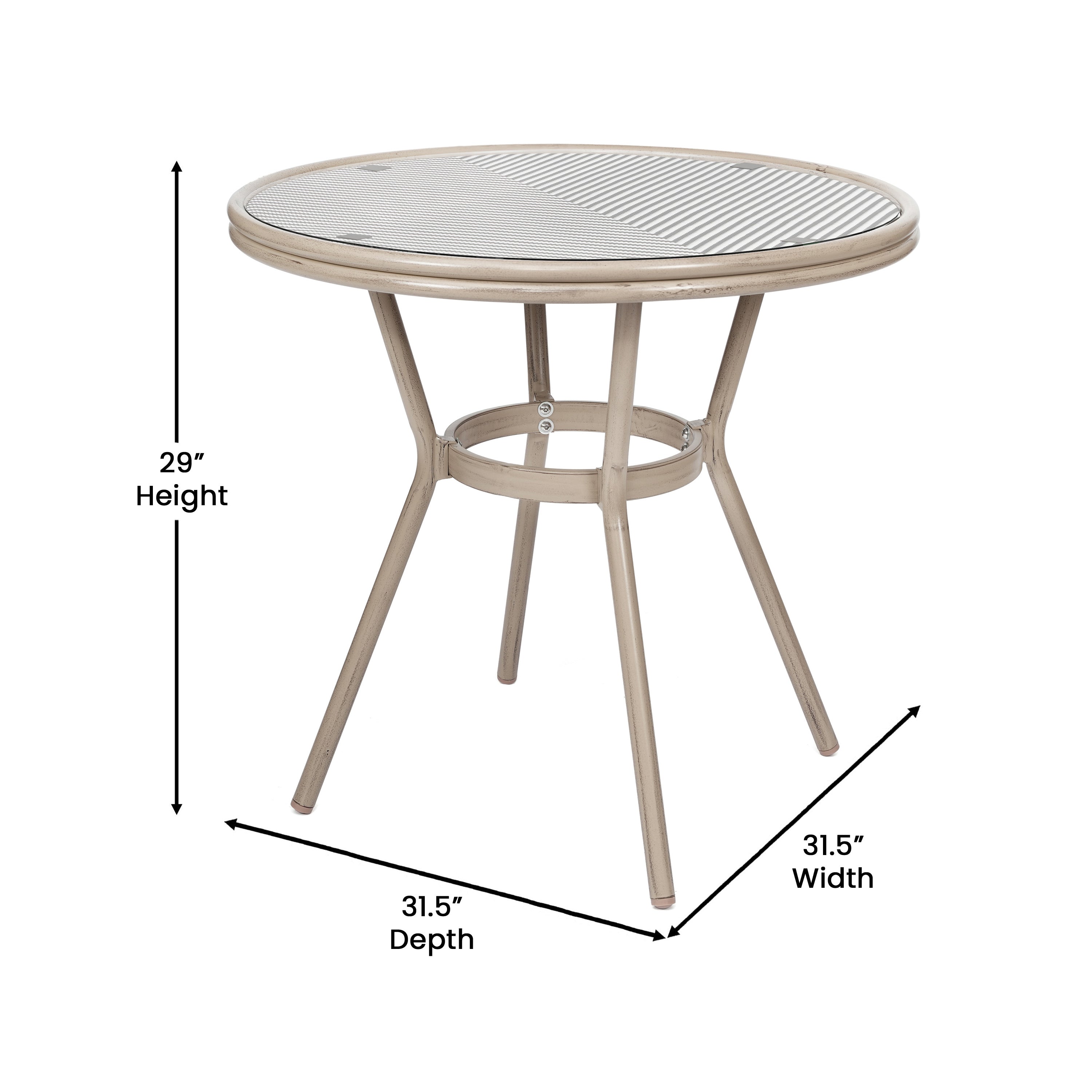 Marseille Indoor/Outdoor Commercial Bistro 31.5" Table, Black/White Textilene, Glass Top, Bamboo Print Aluminum Frame in Light Natural