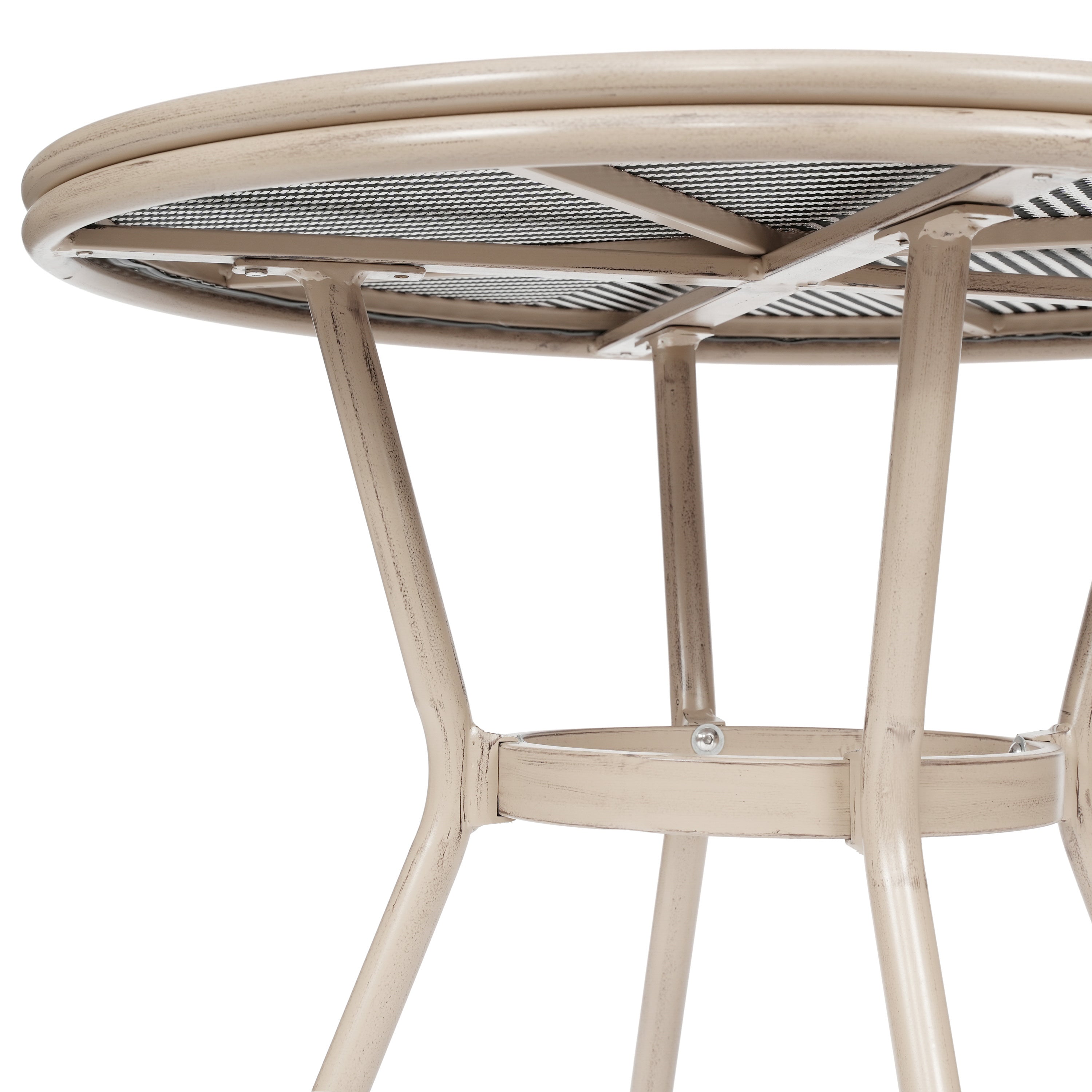 Marseille Indoor/Outdoor Commercial Bistro 31.5" Table, Black/White Textilene, Glass Top, Bamboo Print Aluminum Frame in Light Natural