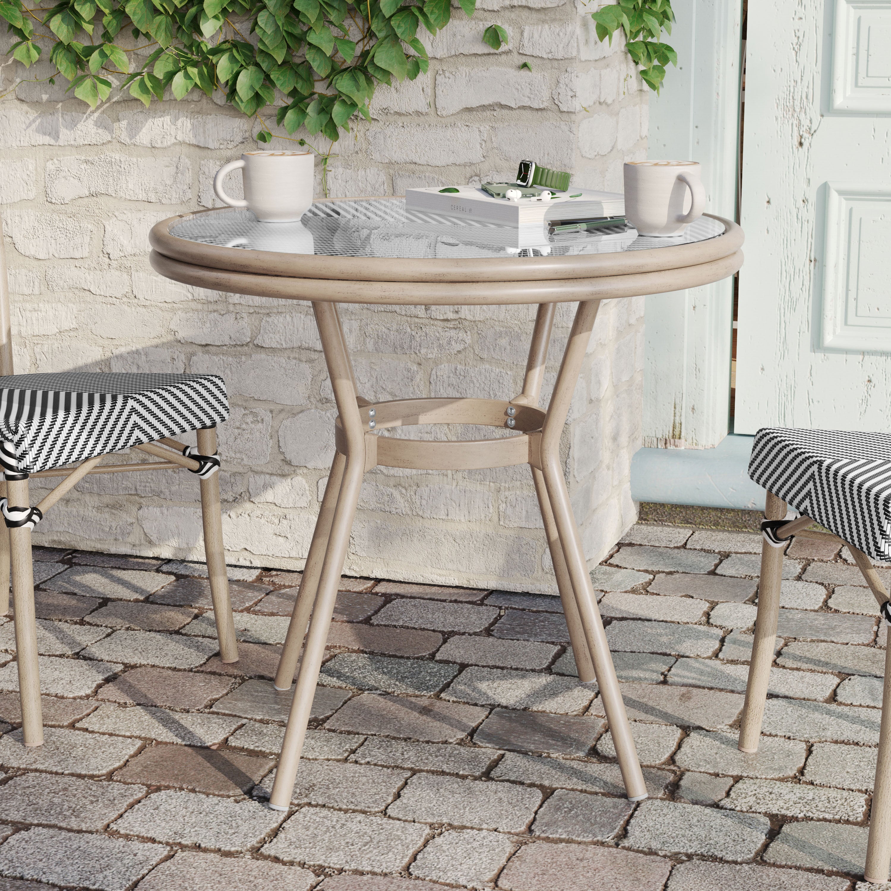 Marseille Indoor/Outdoor Commercial Bistro 31.5" Table, Black/White Textilene, Glass Top, Bamboo Print Aluminum Frame in Light Natural