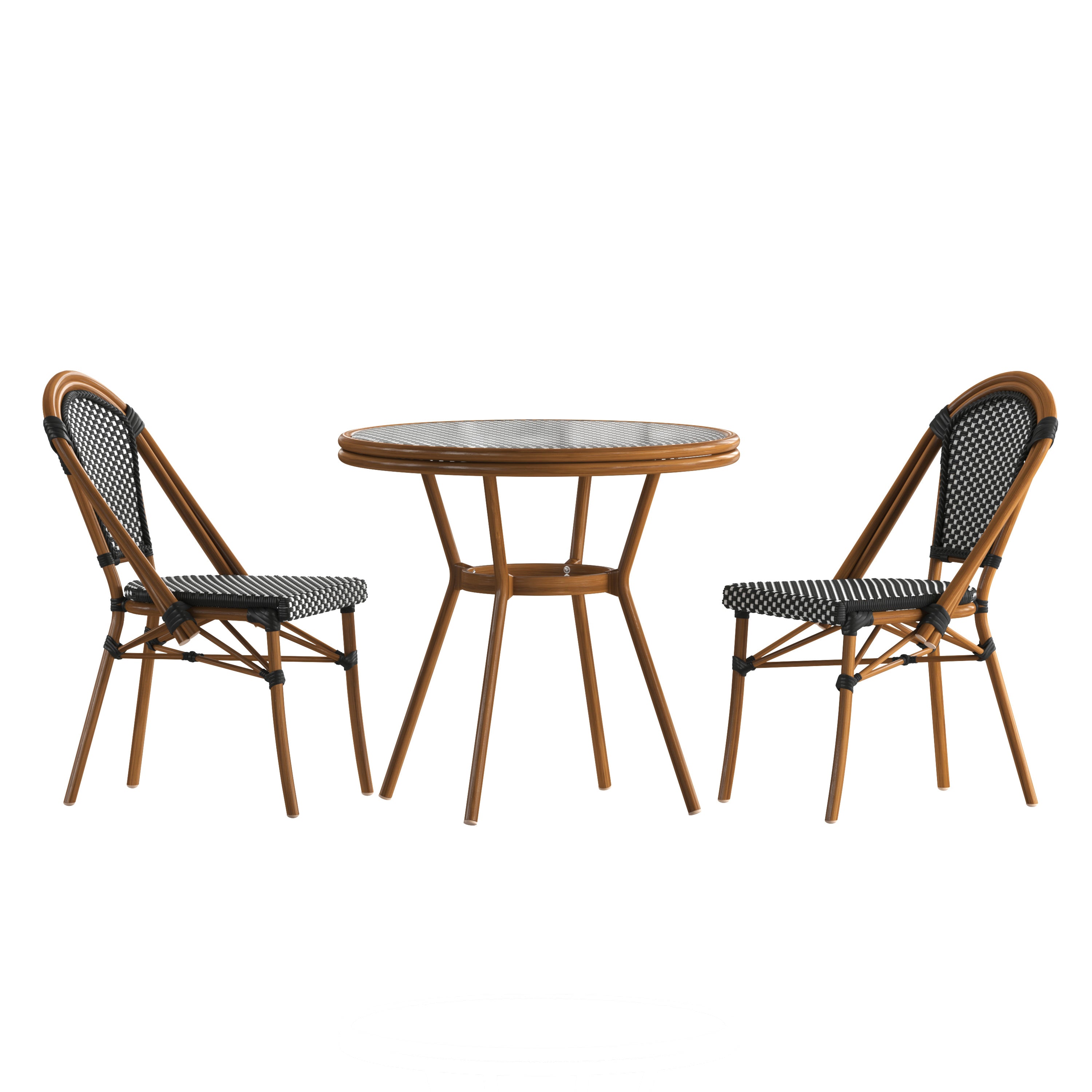 Bordeaux Indoor/Outdoor Commercial Bistro 31.5" Table, Black and White PE Rattan, Glass Top with 2 Stack Chairs