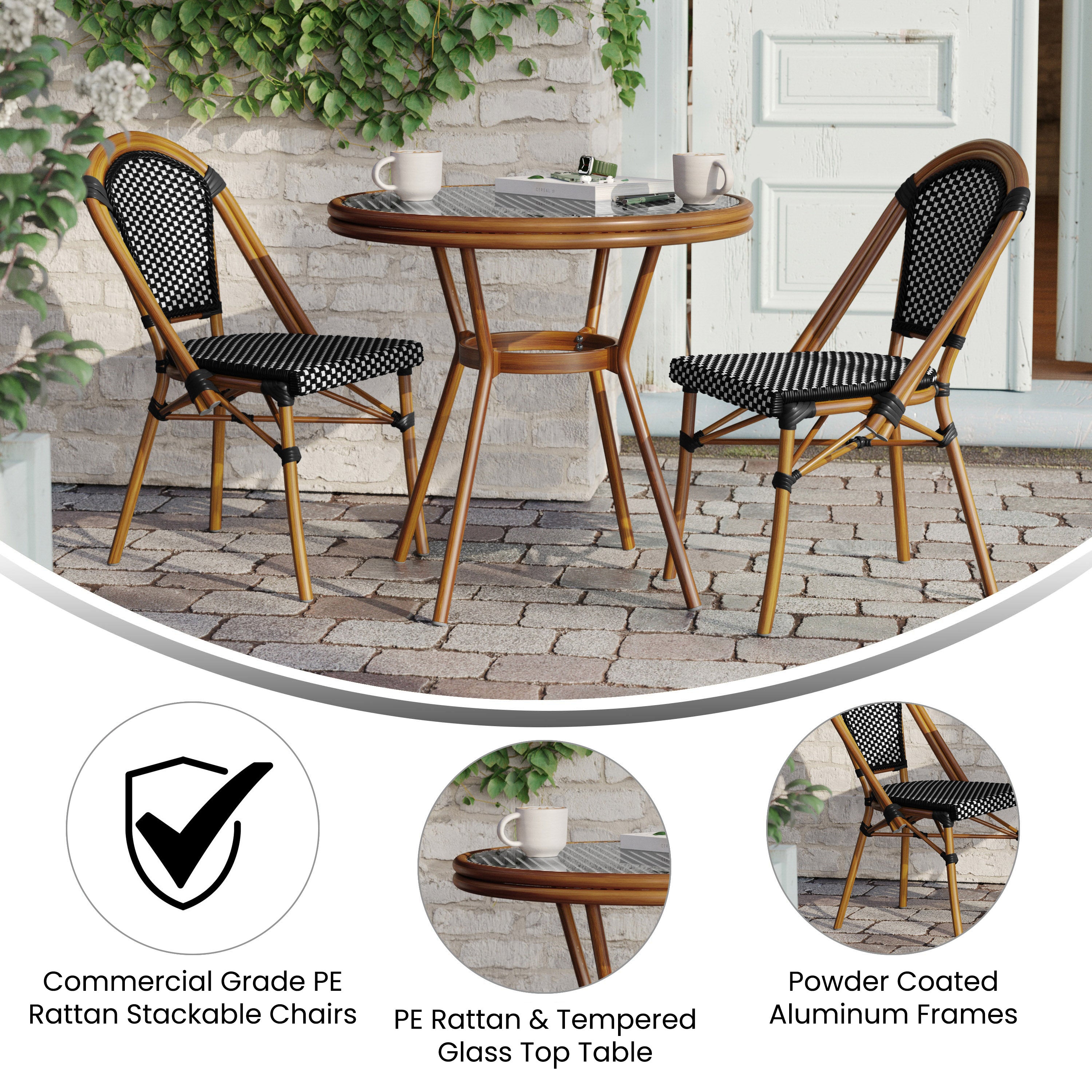 Bordeaux Indoor/Outdoor Commercial Bistro 31.5" Table, Black and White PE Rattan, Glass Top with 2 Stack Chairs