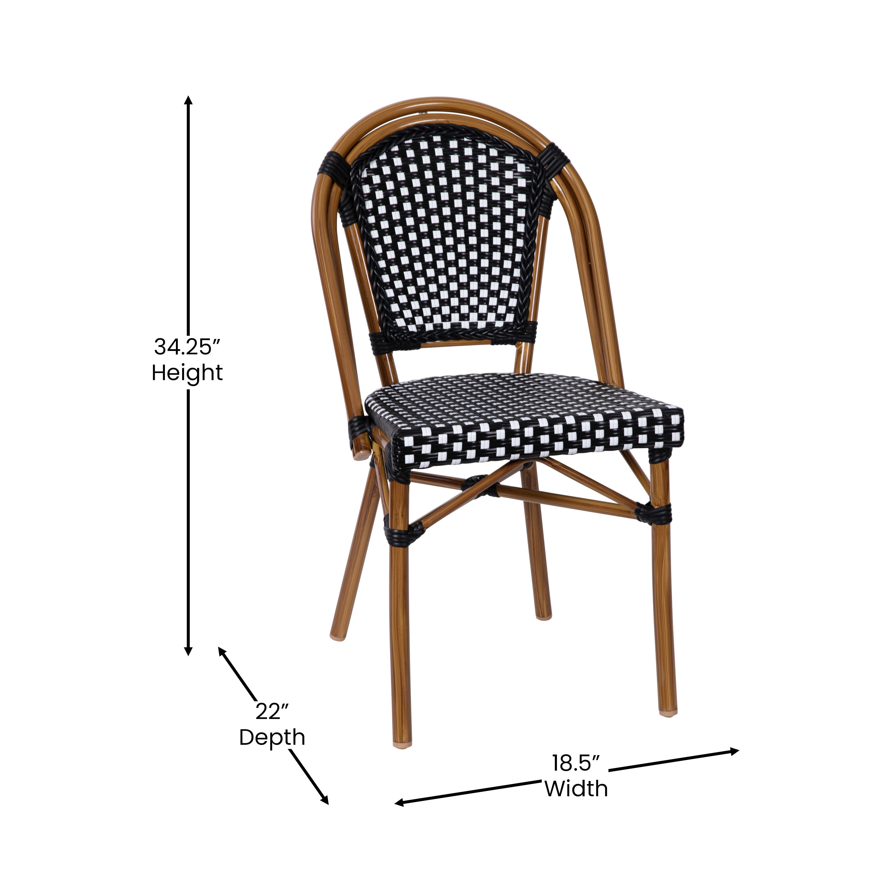 Bordeaux Indoor/Outdoor Commercial Bistro 31.5" Table, Black and White PE Rattan, Glass Top with 2 Stack Chairs