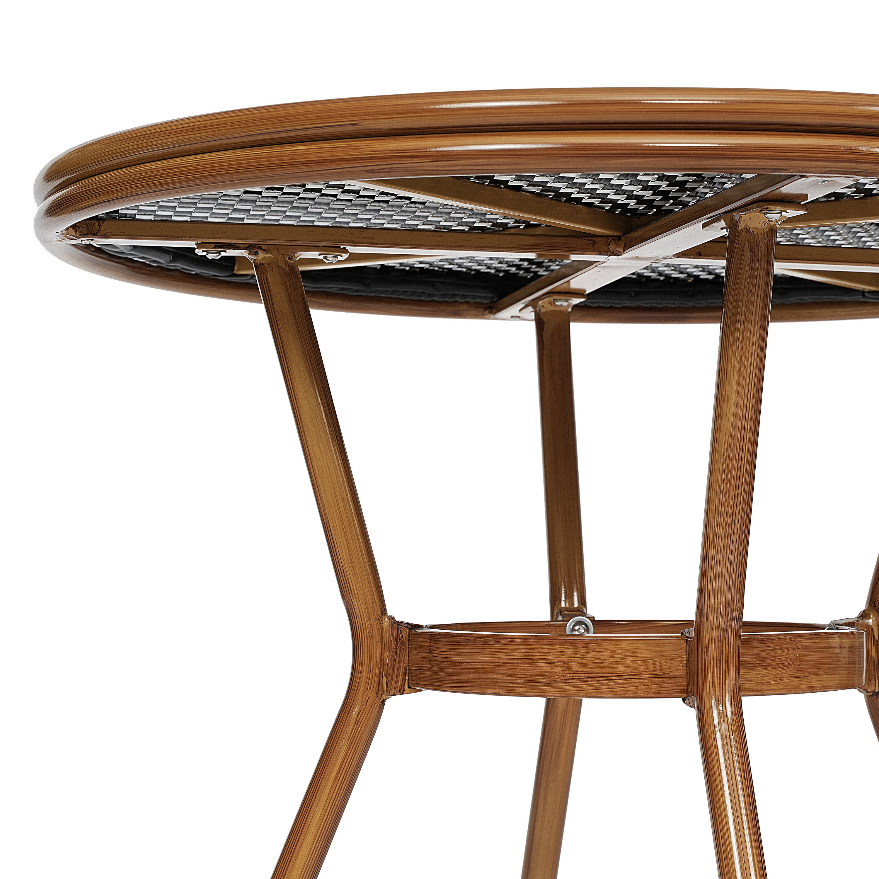 Bordeaux Indoor/Outdoor Commercial Bistro 31.5" Table, Black and White PE Rattan, Glass Top with 2 Stack Chairs