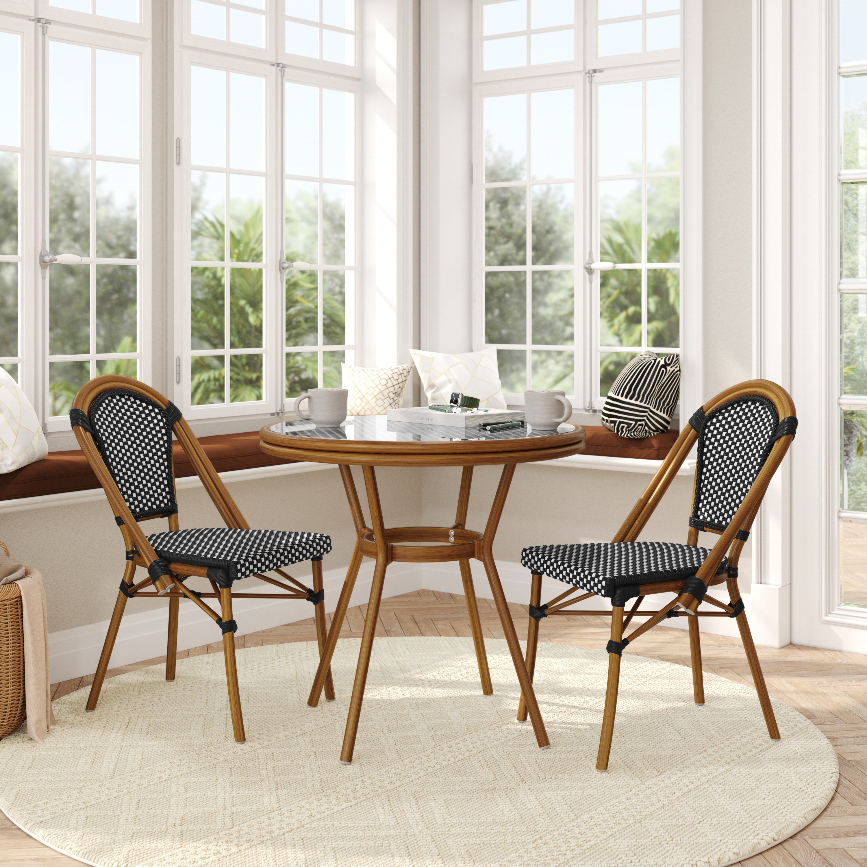 Bordeaux Indoor/Outdoor Commercial Bistro 31.5" Table, Black and White PE Rattan, Glass Top with 2 Stack Chairs