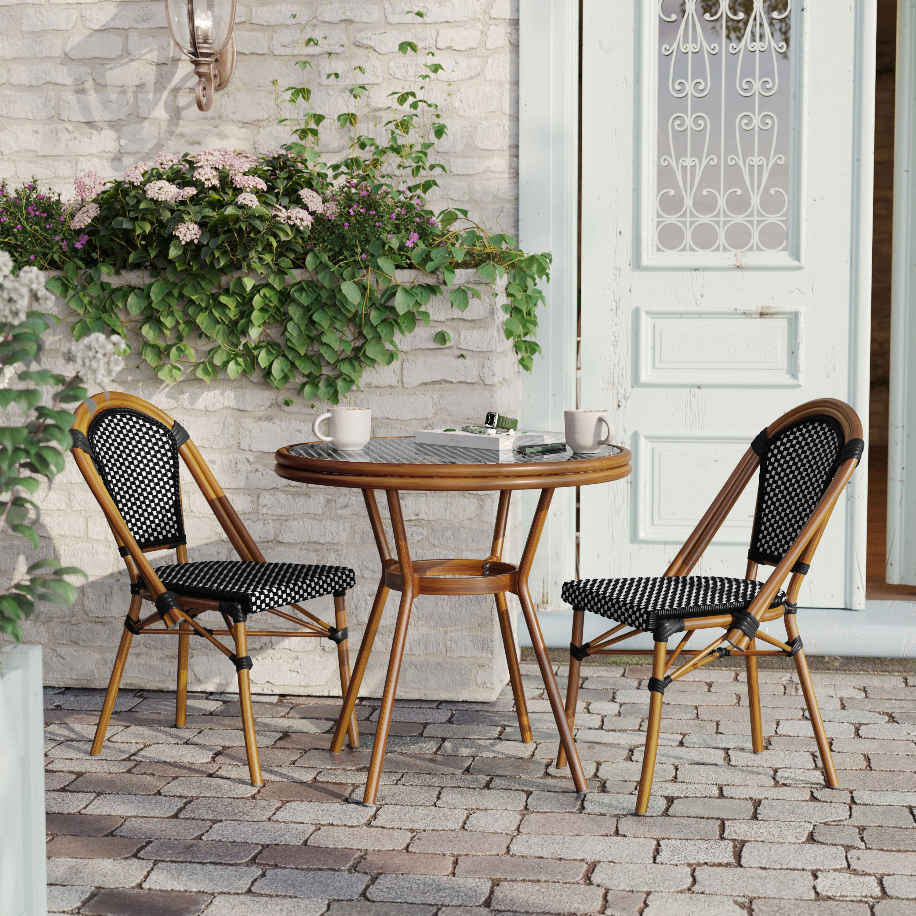Bordeaux Indoor/Outdoor Commercial Bistro 31.5" Table, Black and White PE Rattan, Glass Top with 2 Stack Chairs