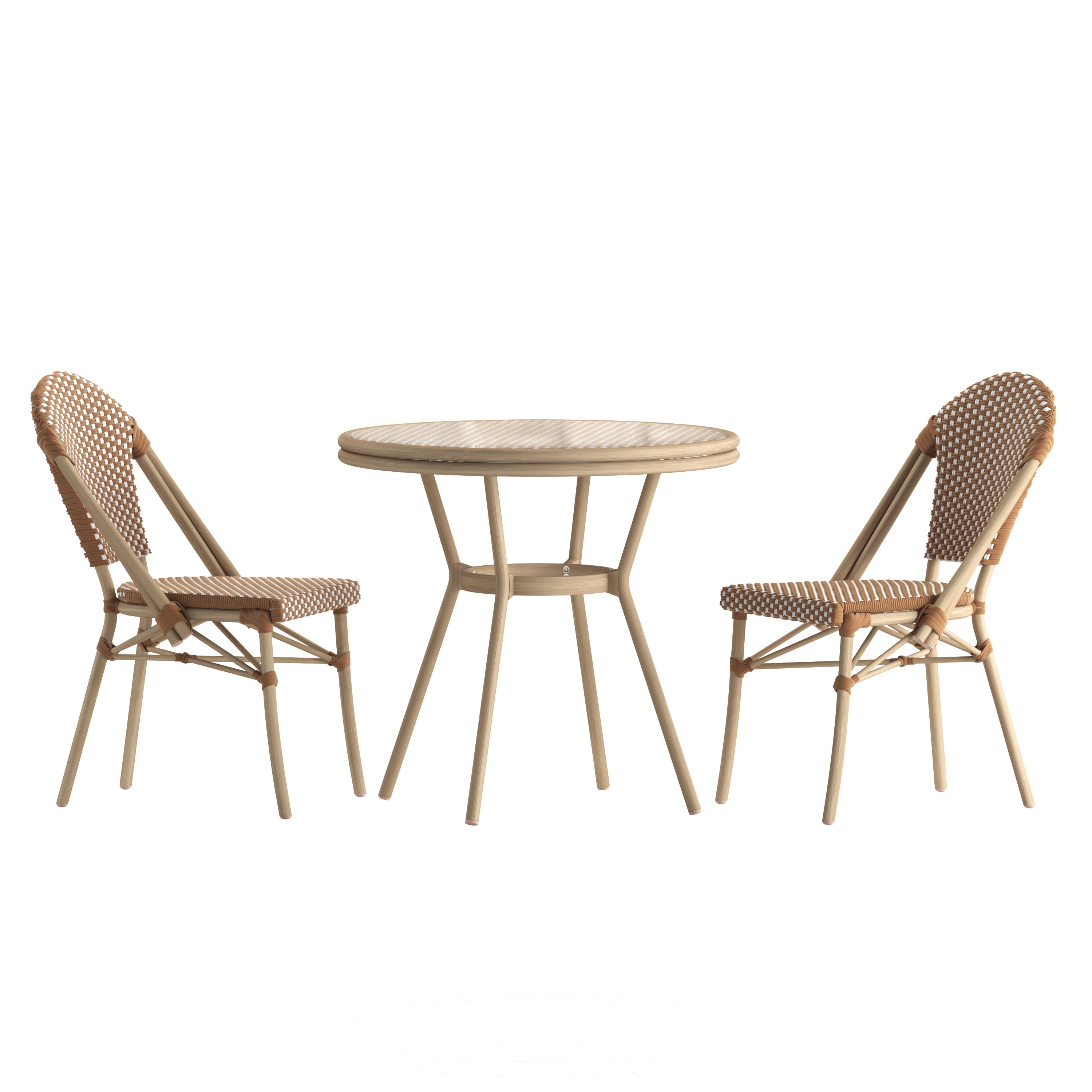 Lourdes Indoor/Outdoor Commercial Bistro 31.5" Table, Natural/White PE Rattan, Glass Top with 2 Stack Chairs - Light Natural