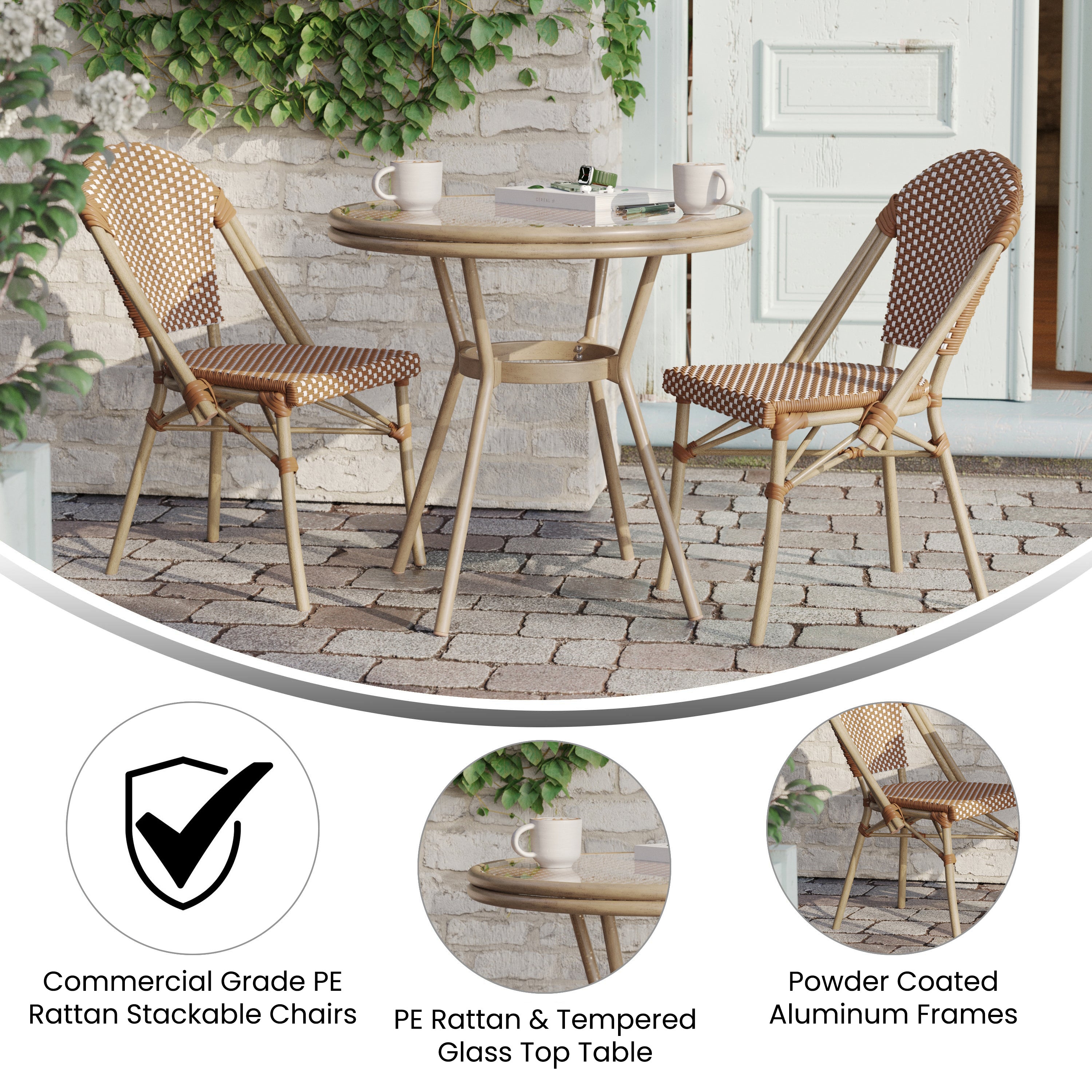 Lourdes Indoor/Outdoor Commercial Bistro 31.5" Table, Natural/White PE Rattan, Glass Top with 2 Stack Chairs - Light Natural