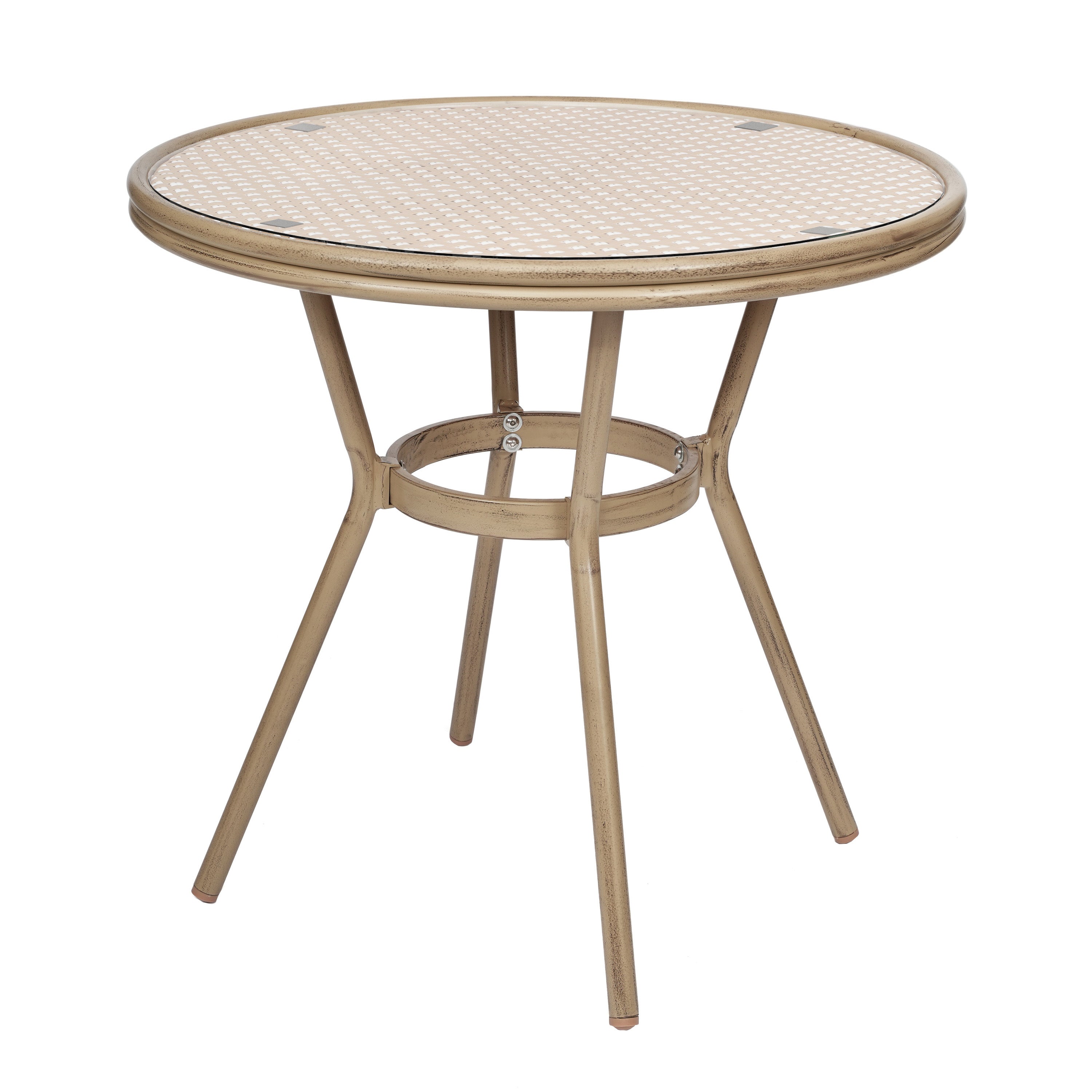 Lourdes Indoor/Outdoor Commercial Bistro 31.5" Table, Natural/White PE Rattan, Glass Top with 2 Stack Chairs - Light Natural