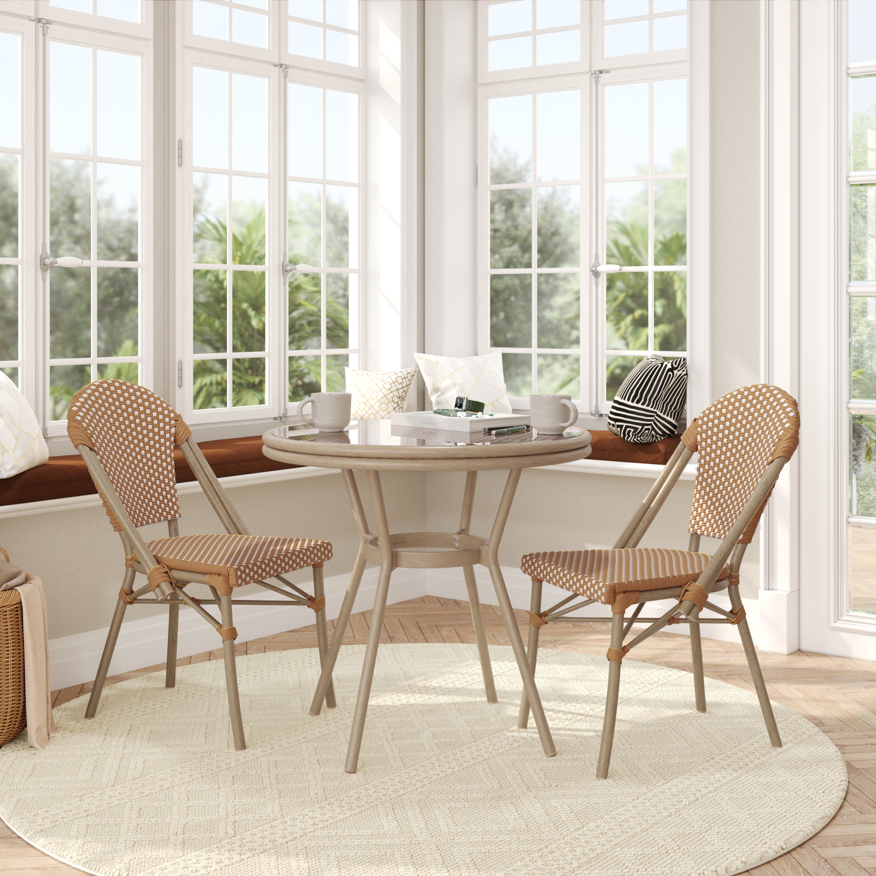 Lourdes Indoor/Outdoor Commercial Bistro 31.5" Table, Natural/White PE Rattan, Glass Top with 2 Stack Chairs - Light Natural