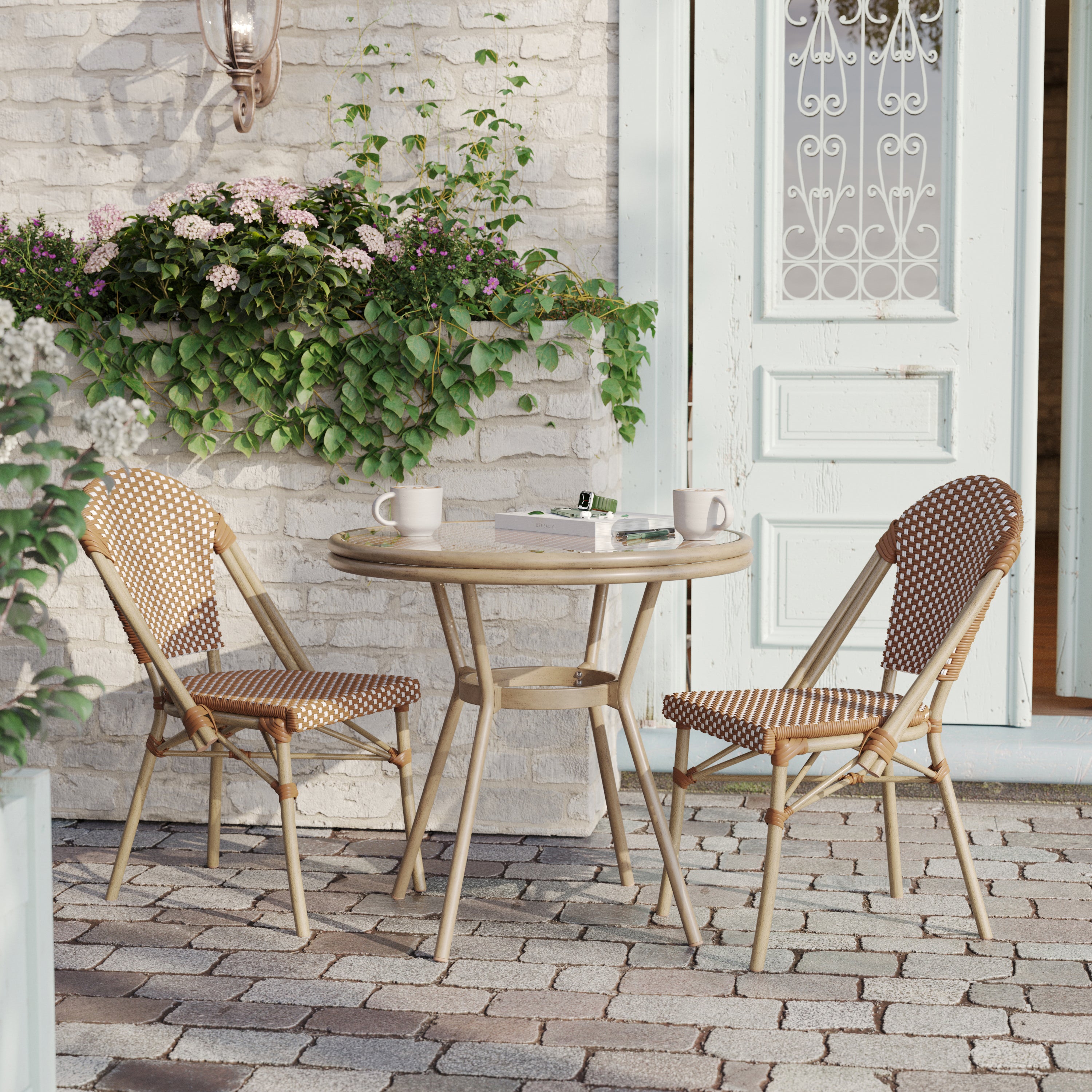 Lourdes Indoor/Outdoor Commercial Bistro 31.5" Table, Natural/White PE Rattan, Glass Top with 2 Stack Chairs - Light Natural