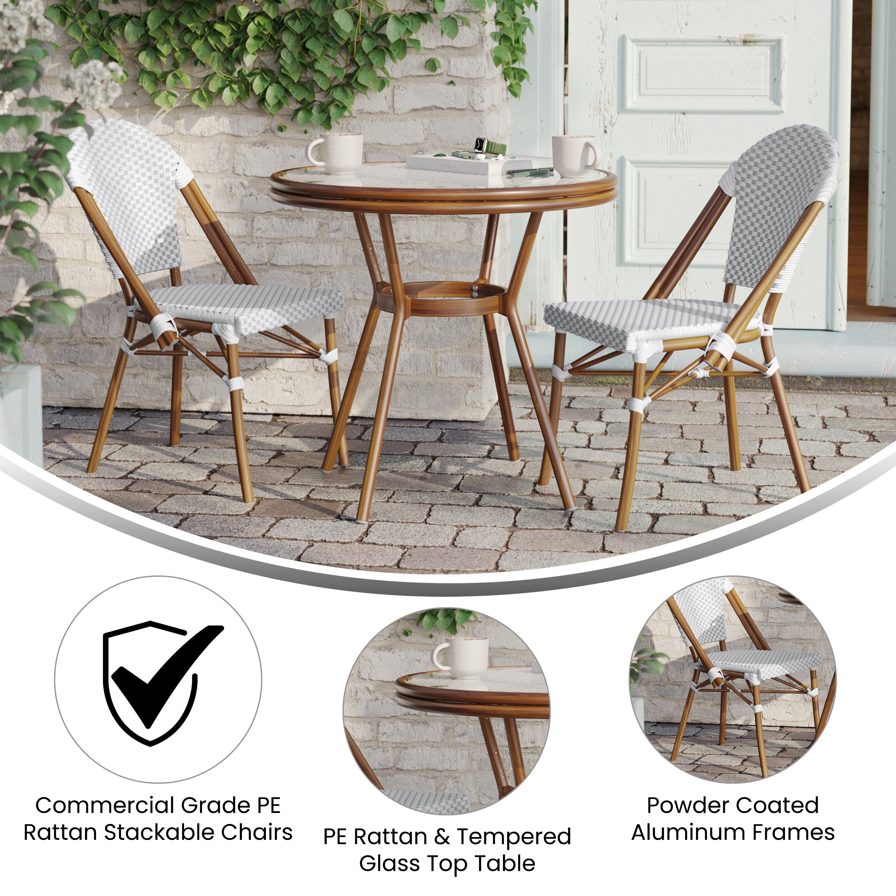 Lourdes Indoor/Outdoor Commercial Bistro 31.5" Table, White and Gray PE Rattan, Glass Top with 2 Stack Chairs - Natural Frame