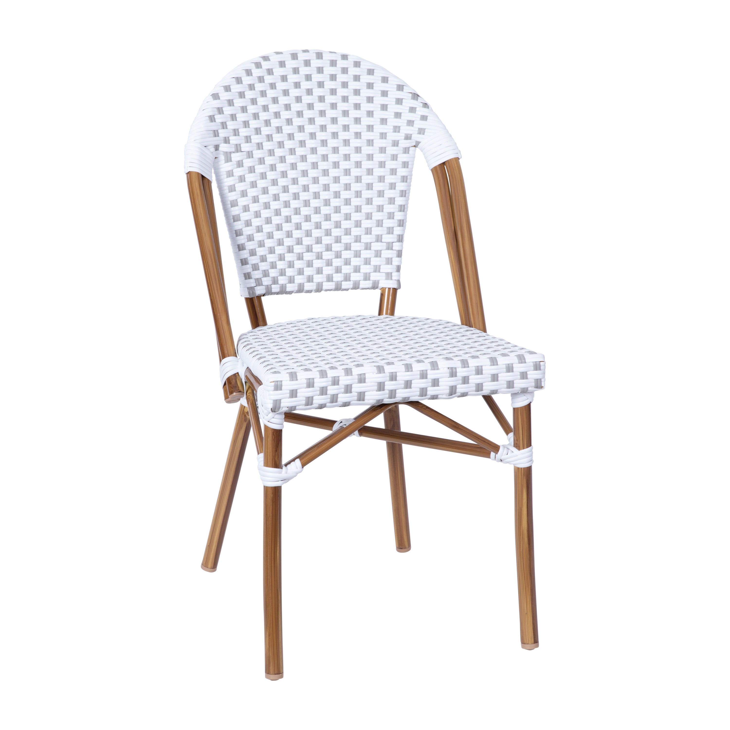 Lourdes Indoor/Outdoor Commercial Bistro 31.5" Table, White and Gray PE Rattan, Glass Top with 2 Stack Chairs - Natural Frame