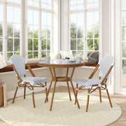 Lourdes Indoor/Outdoor Commercial Bistro 31.5" Table, White and Gray PE Rattan, Glass Top with 2 Stack Chairs - Natural Frame
