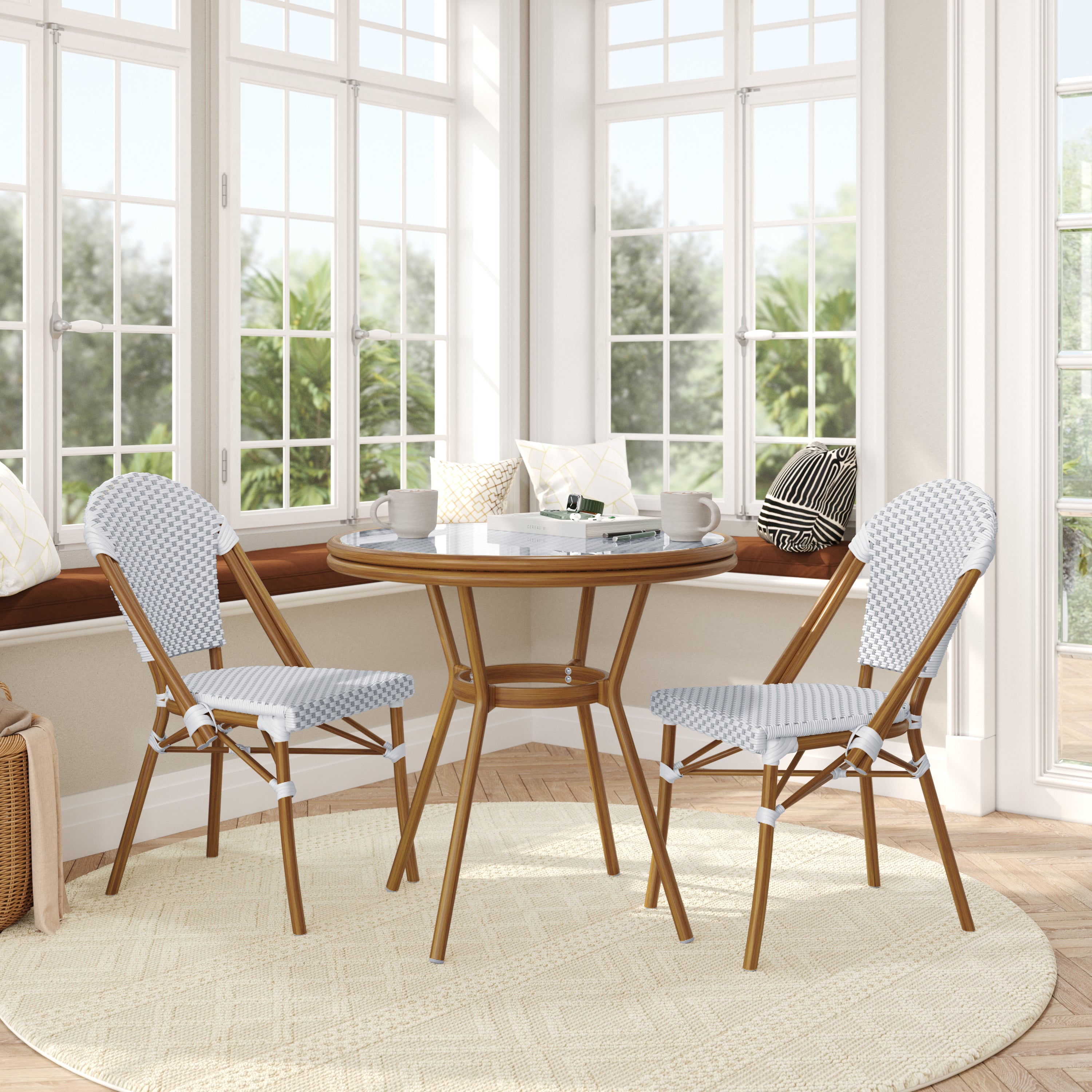 Lourdes Indoor/Outdoor Commercial Bistro 31.5" Table, White and Gray PE Rattan, Glass Top with 2 Stack Chairs - Natural Frame