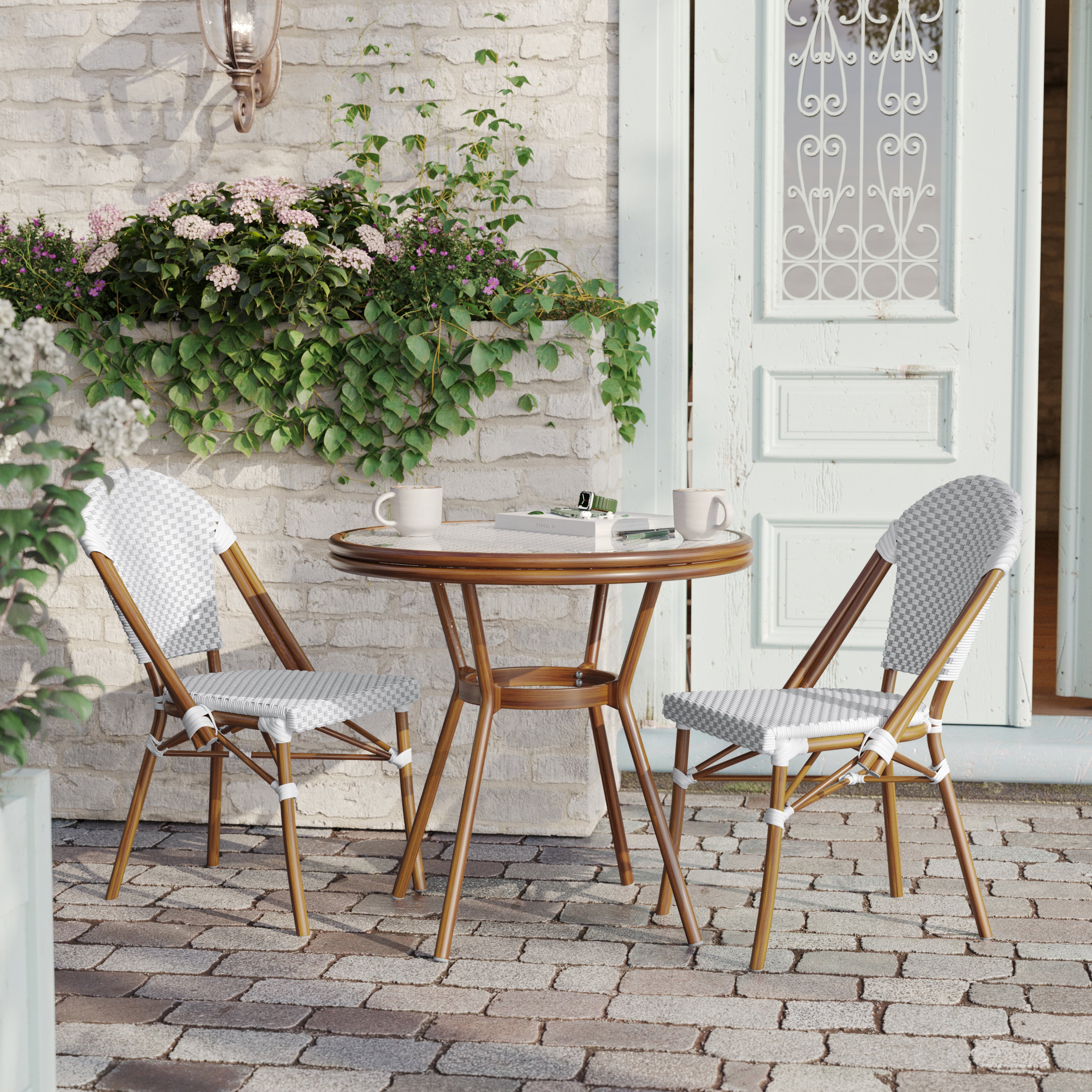 Lourdes Indoor/Outdoor Commercial Bistro 31.5" Table, White and Gray PE Rattan, Glass Top with 2 Stack Chairs - Natural Frame