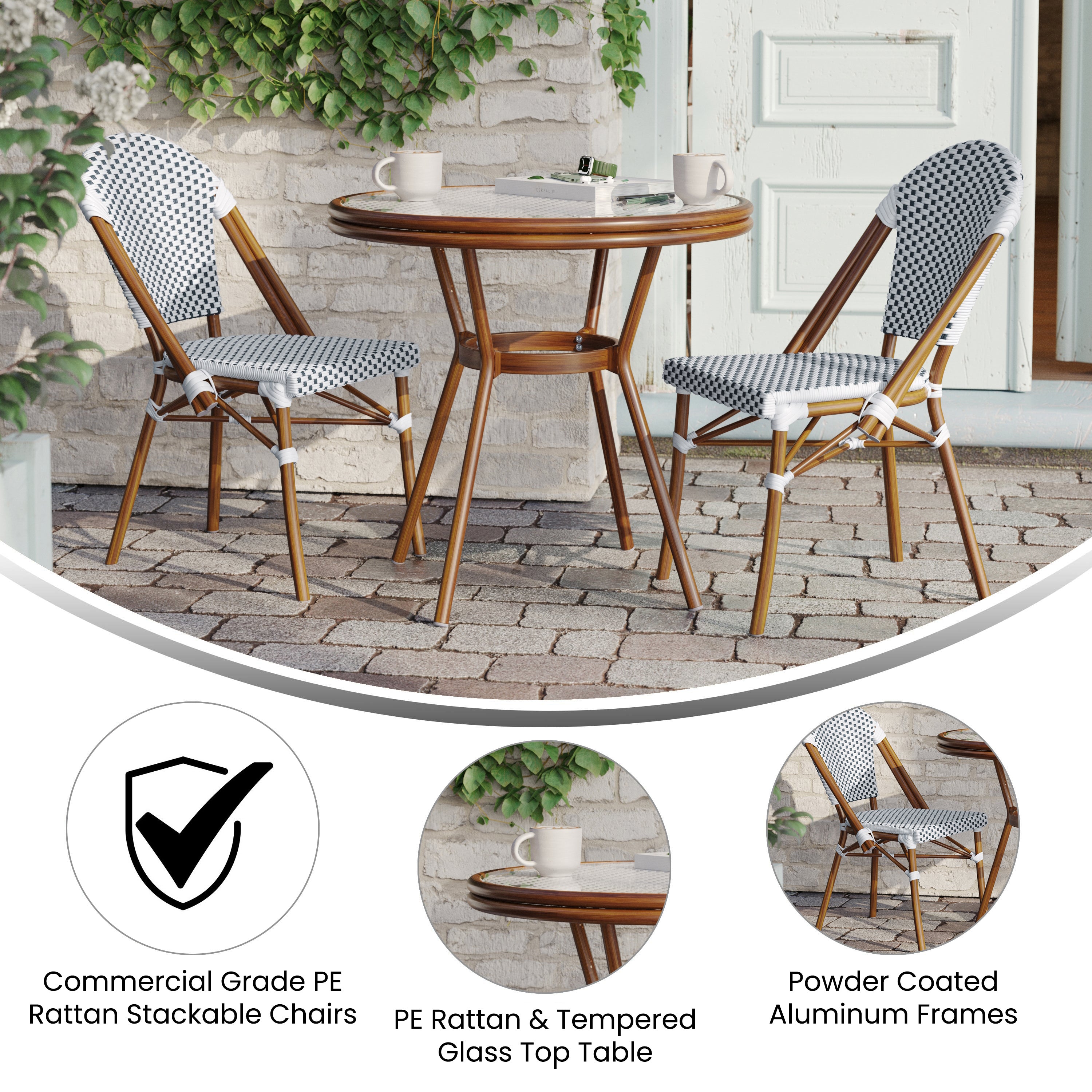 Lourdes Indoor/Outdoor Commercial Bistro 31.5" Table, White and Navy PE Rattan, Glass Top with 2 Stack Chairs - Natural Frame