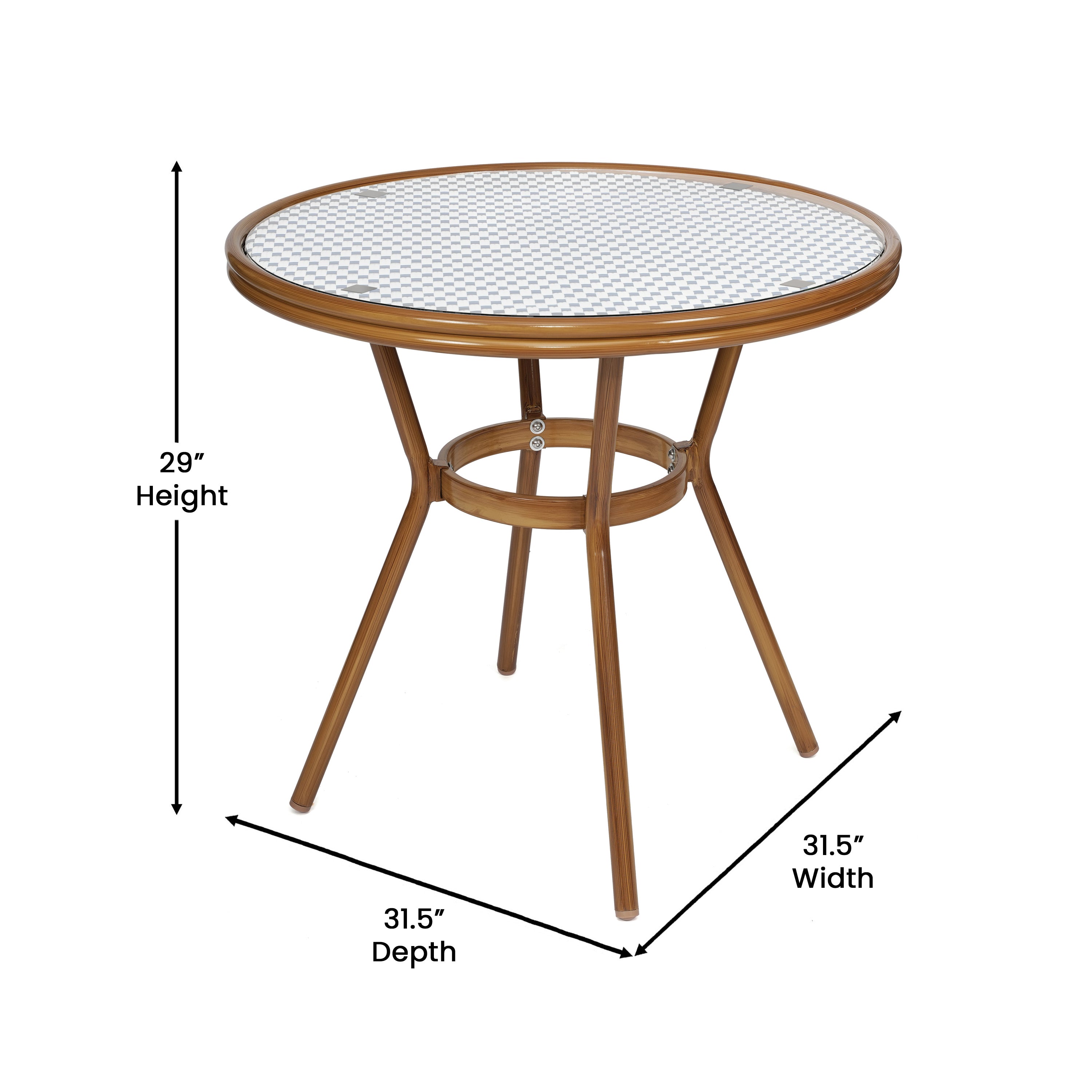 Lourdes Indoor/Outdoor Commercial Bistro 31.5" Table, White and Navy PE Rattan, Glass Top with 2 Stack Chairs - Natural Frame
