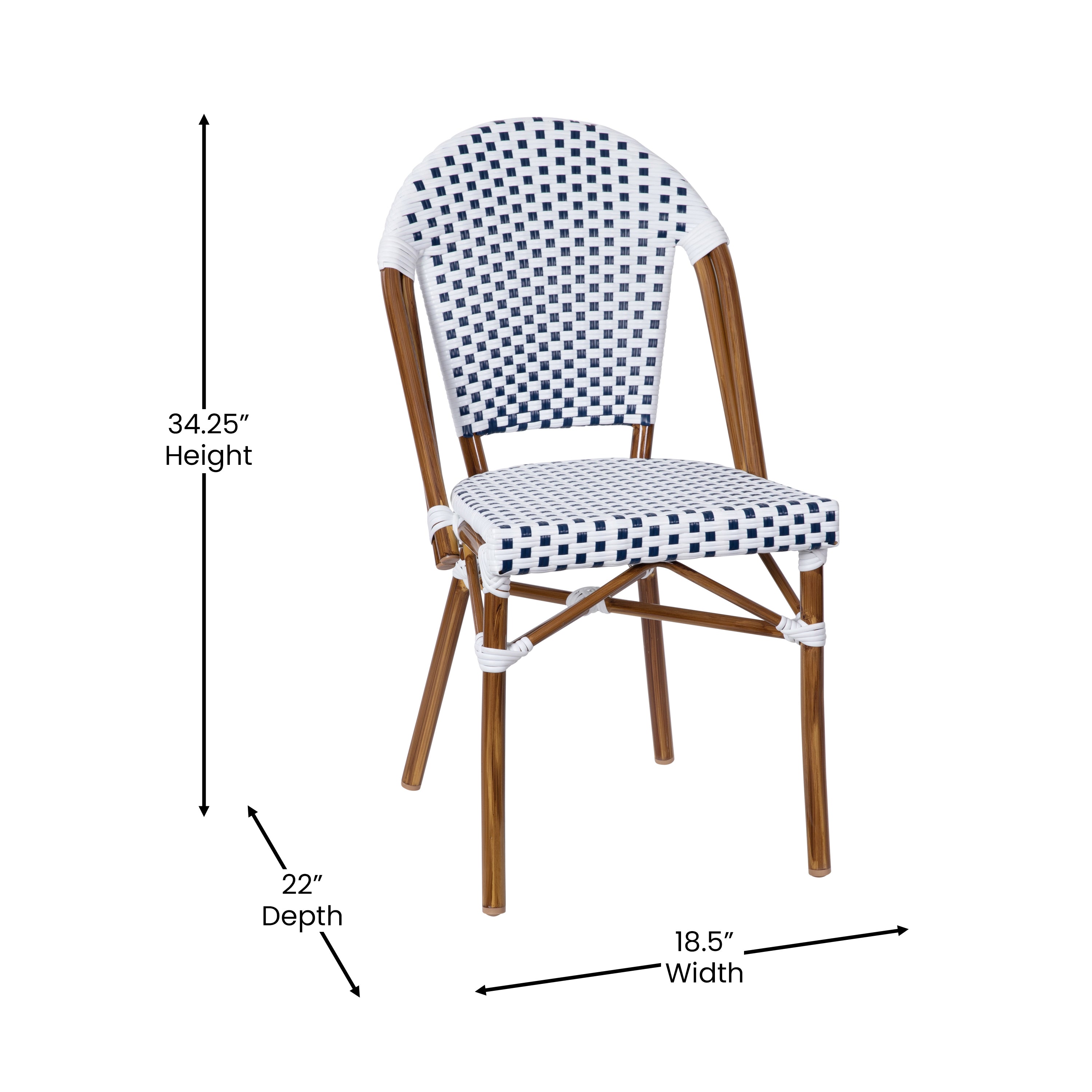 Lourdes Indoor/Outdoor Commercial Bistro 31.5" Table, White and Navy PE Rattan, Glass Top with 2 Stack Chairs - Natural Frame