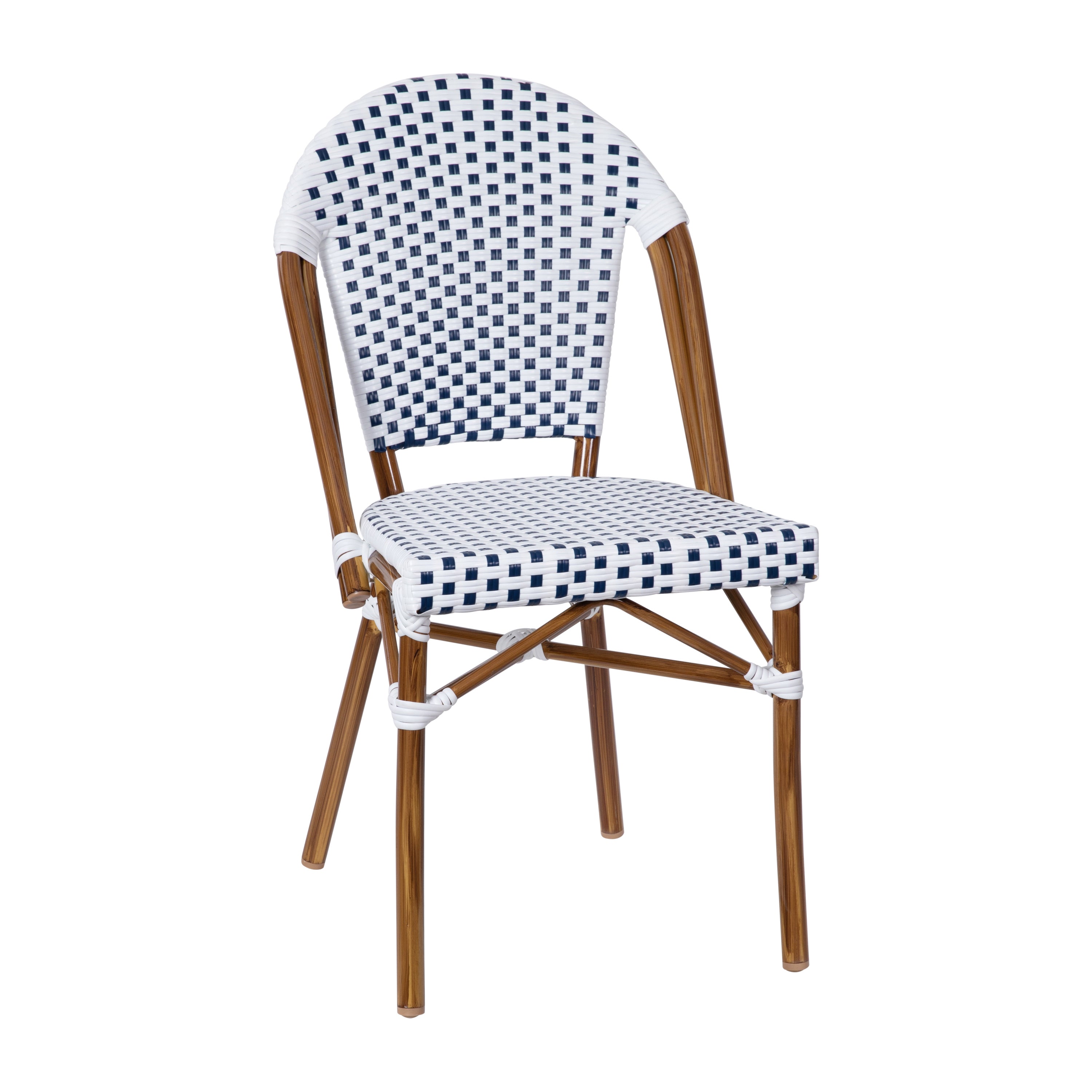 Lourdes Indoor/Outdoor Commercial Bistro 31.5" Table, White and Navy PE Rattan, Glass Top with 2 Stack Chairs - Natural Frame