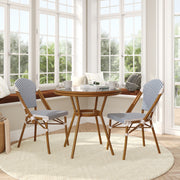 Lourdes Indoor/Outdoor Commercial Bistro 31.5" Table, White and Navy PE Rattan, Glass Top with 2 Stack Chairs - Natural Frame