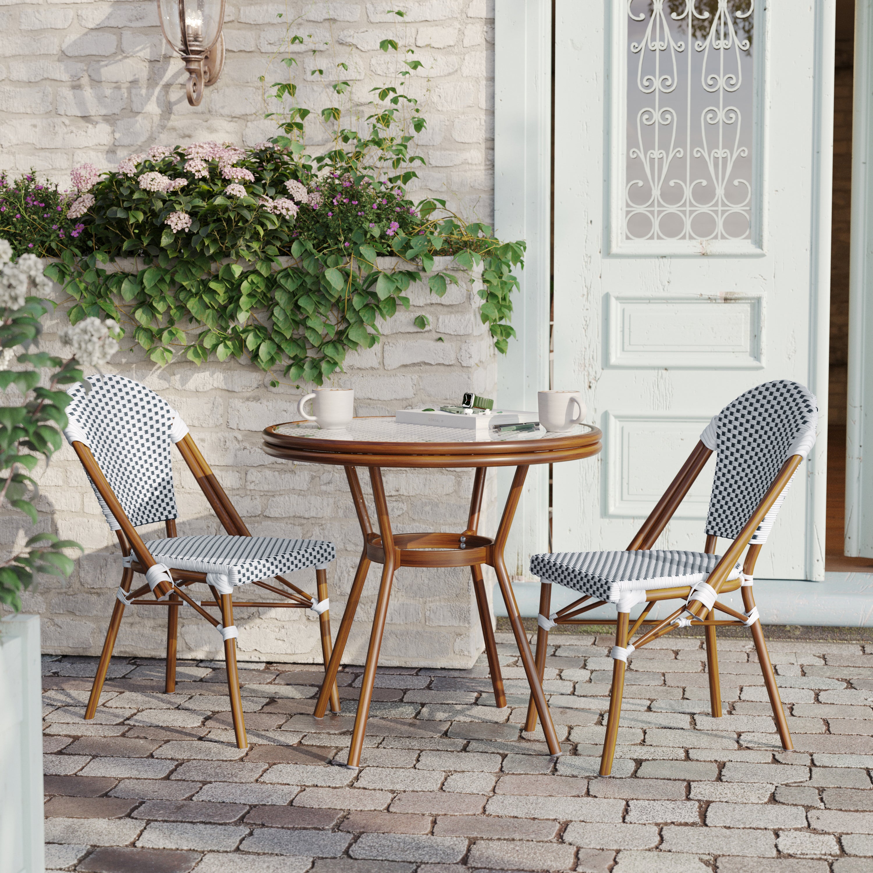 Lourdes Indoor/Outdoor Commercial Bistro 31.5" Table, White and Navy PE Rattan, Glass Top with 2 Stack Chairs - Natural Frame