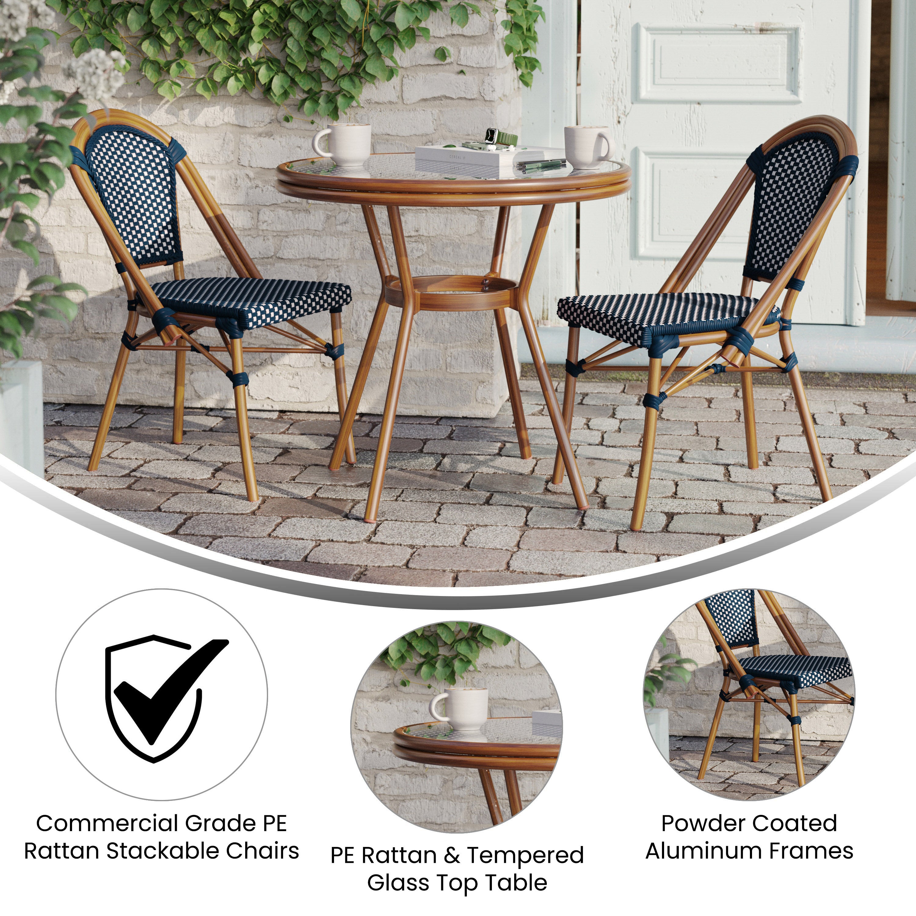 Bordeaux Indoor/Outdoor Commercial Bistro 31.5" Table, Navy and White PE Rattan, Glass Top with 2 Stack Chairs - Natural Frame
