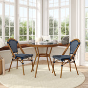 Bordeaux Indoor/Outdoor Commercial Bistro 31.5" Table, Navy and White PE Rattan, Glass Top with 2 Stack Chairs - Natural Frame