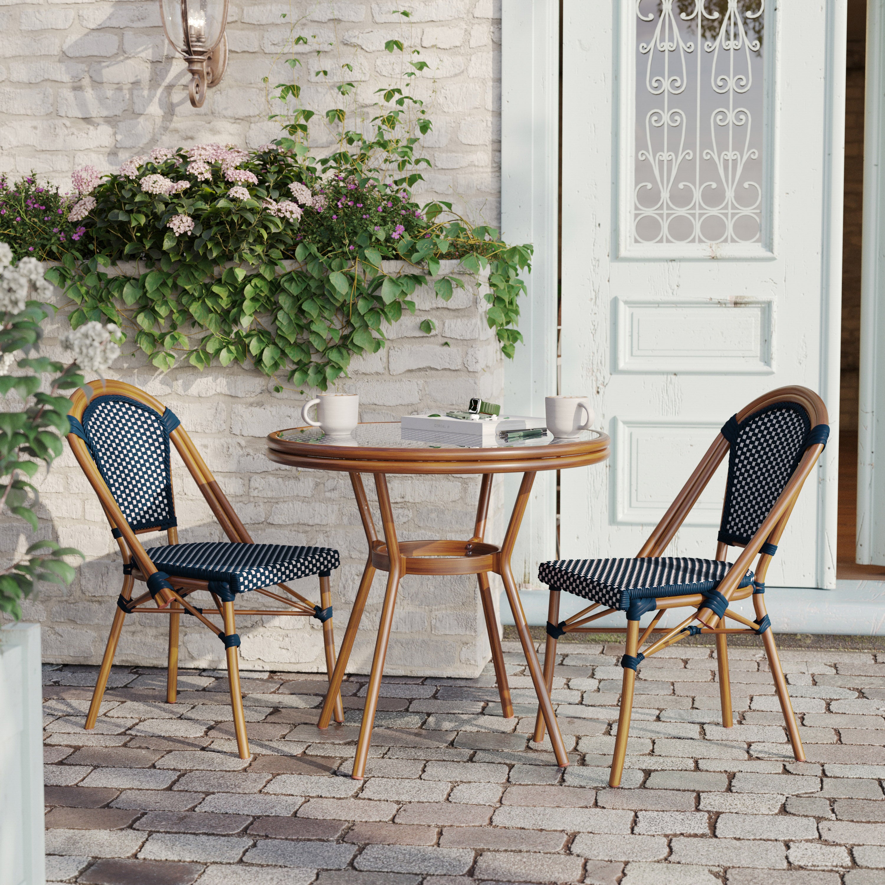 Bordeaux Indoor/Outdoor Commercial Bistro 31.5" Table, Navy and White PE Rattan, Glass Top with 2 Stack Chairs - Natural Frame