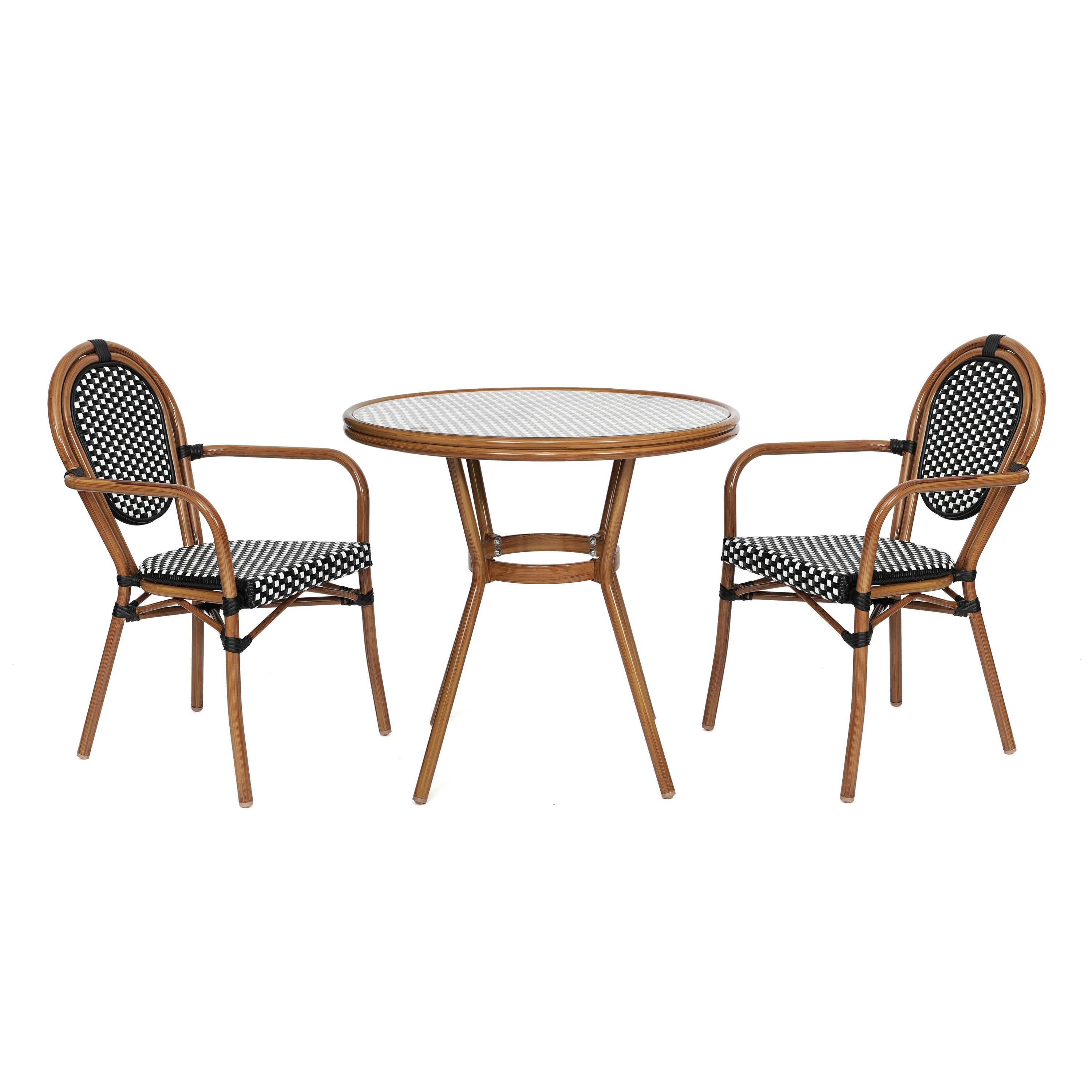 Lourdes Indoor/Outdoor Commercial Bistro 31.5" Table, Black and White PE Rattan, Glass Top with 2 Stack Chairs